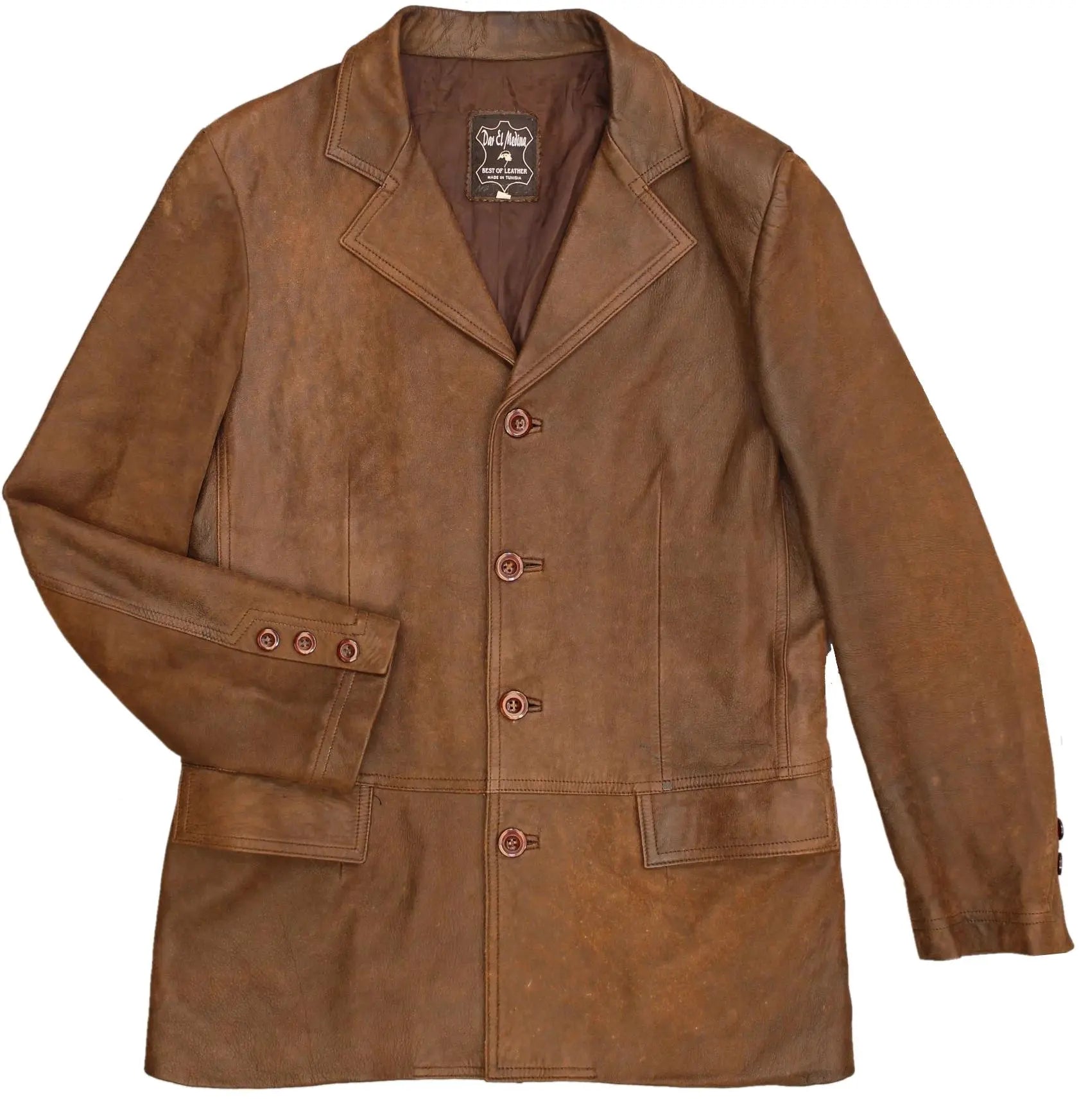 Dar el Medina - Long Brown Leather Jacket- ThriftTale.com - Vintage and second handclothing