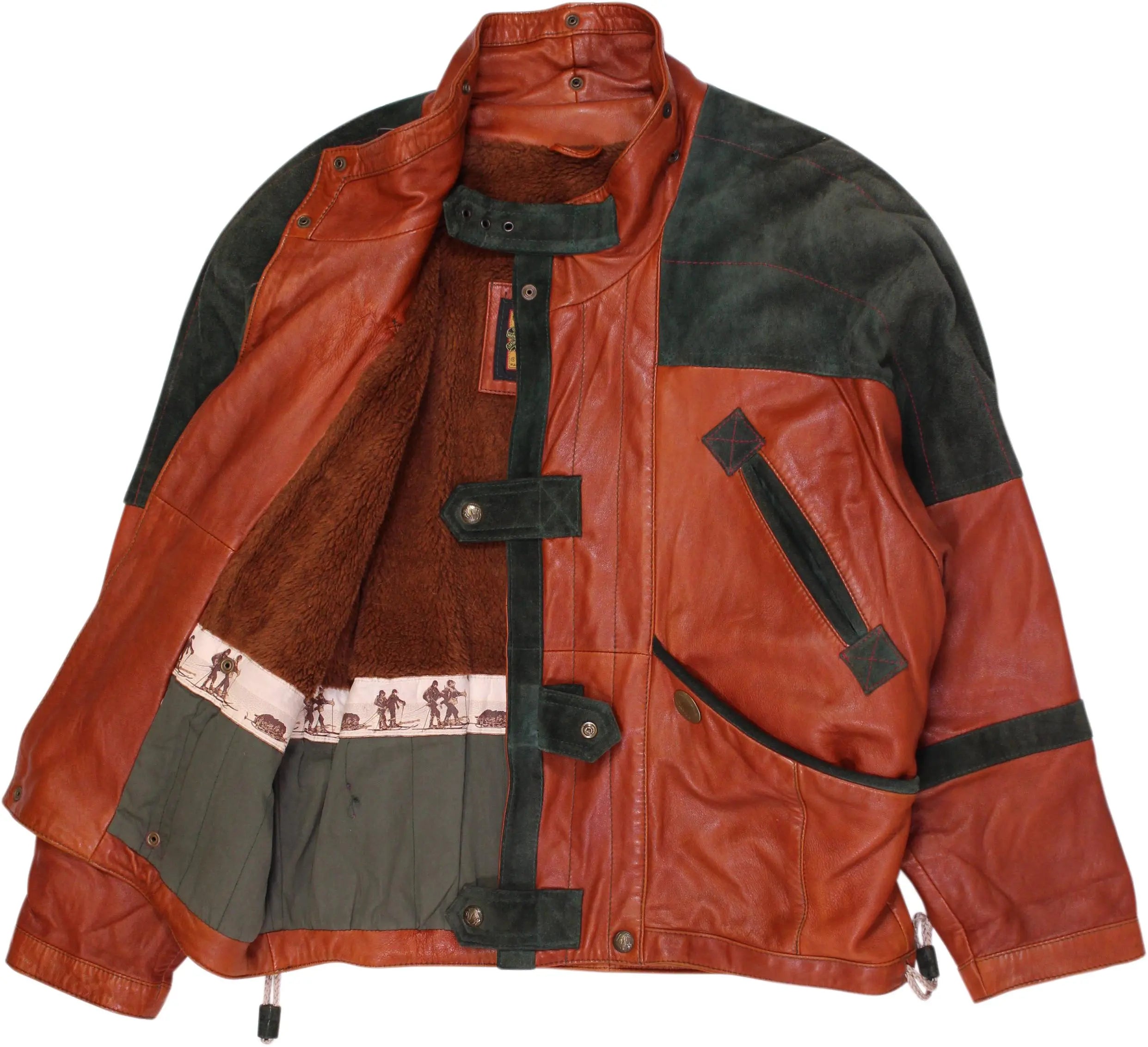 Dikarpa - Vintage Brown Leather Jacket with Green Suede Details- ThriftTale.com - Vintage and second handclothing