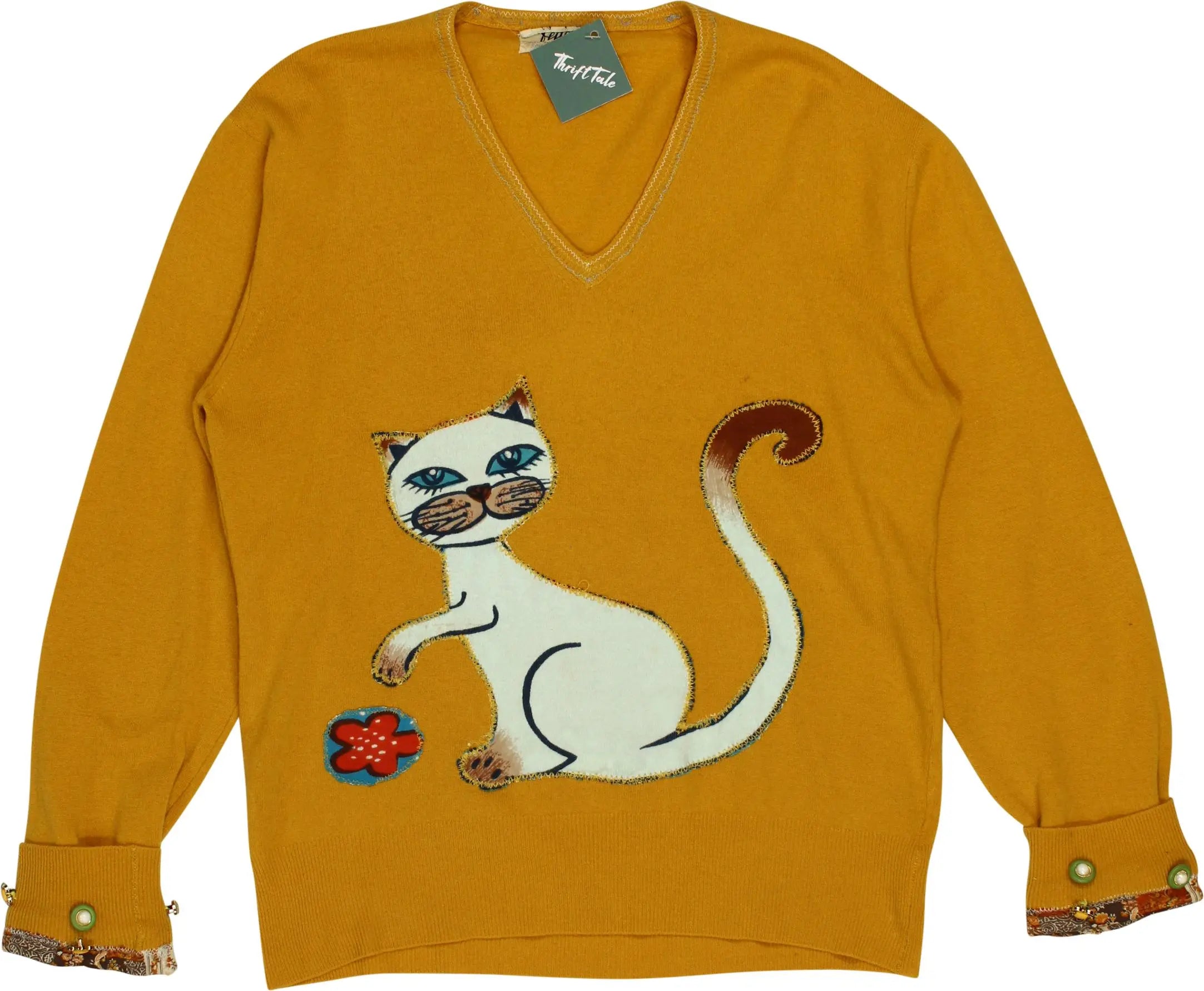 Fedeli - Wool V-neck Jumper with Cat- ThriftTale.com - Vintage and second handclothing