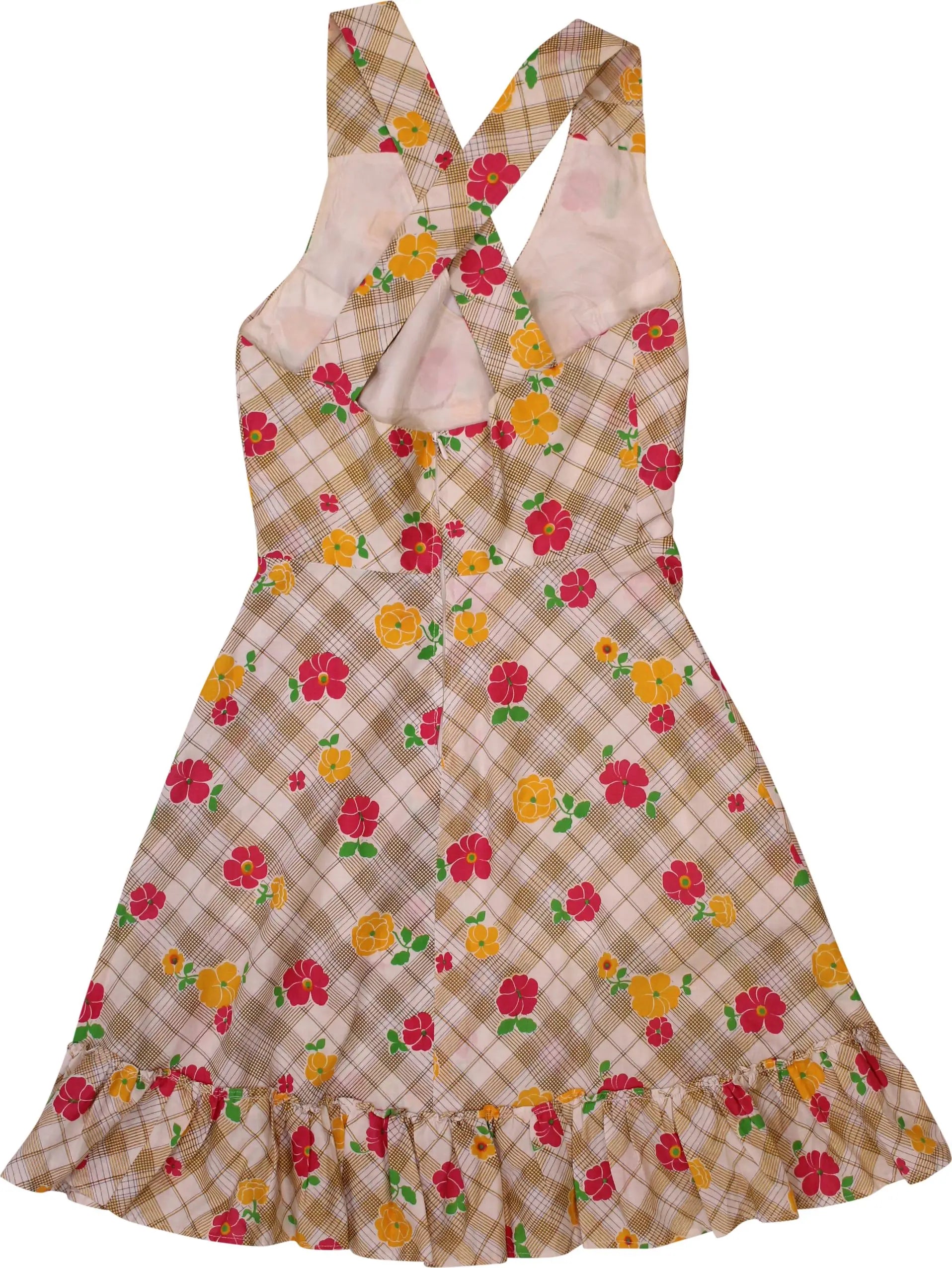 Handmade - 70s Checkered Dress with Flowers- ThriftTale.com - Vintage and second handclothing