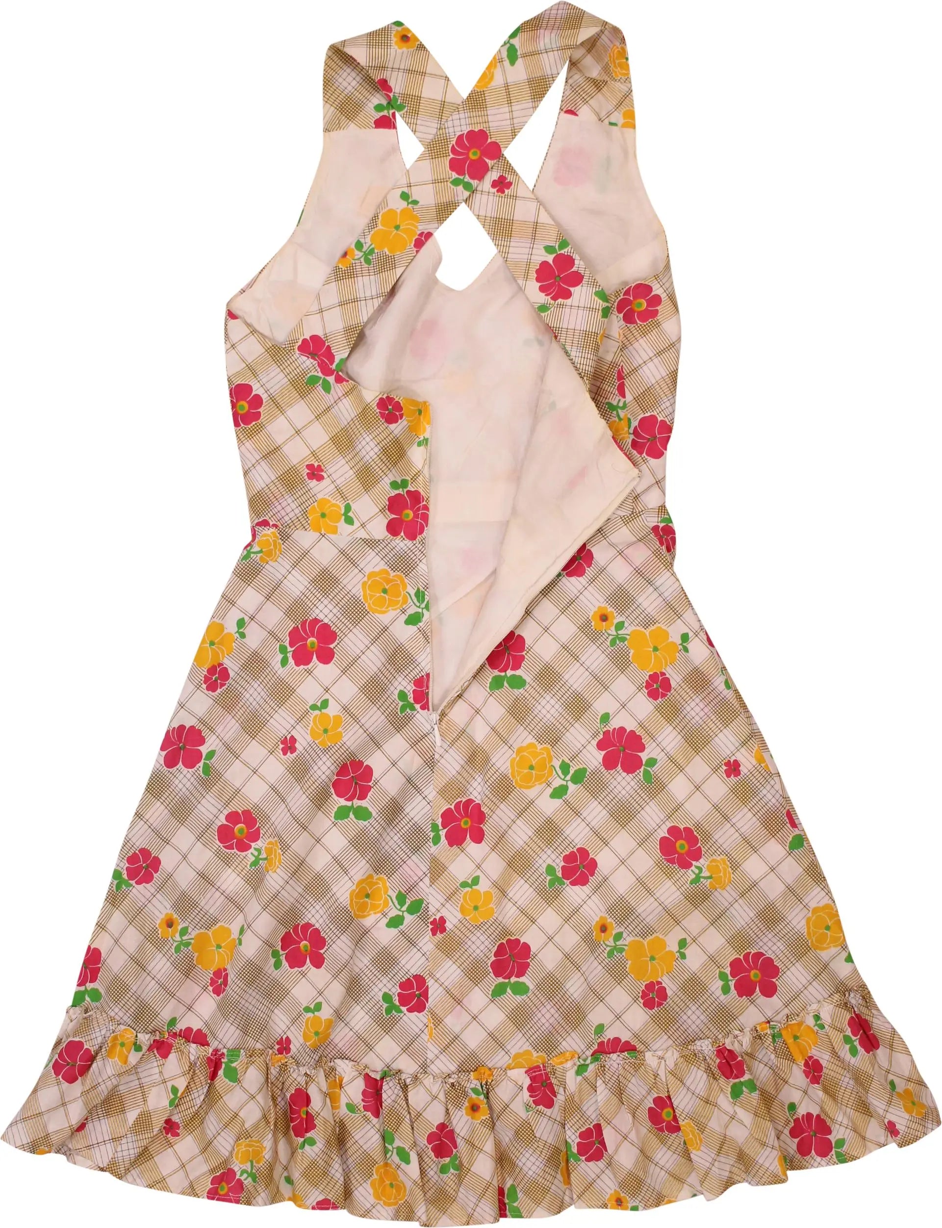 Handmade - 70s Checkered Dress with Flowers- ThriftTale.com - Vintage and second handclothing