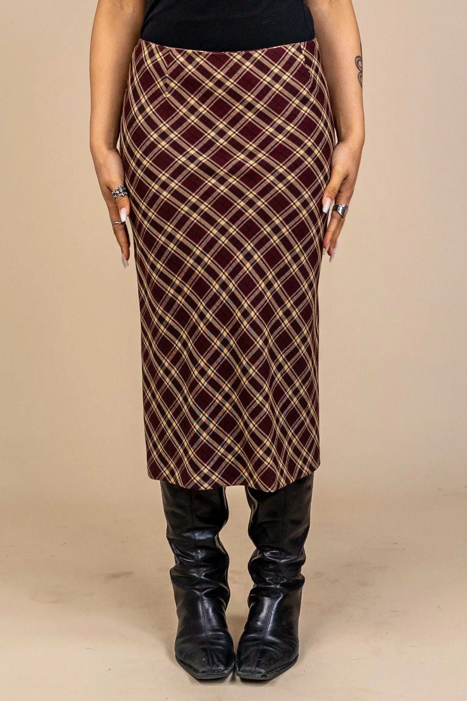 Handmade - Bordeaux Midi Tartan Pencil Skirt- ThriftTale.com - Vintage and second handclothing