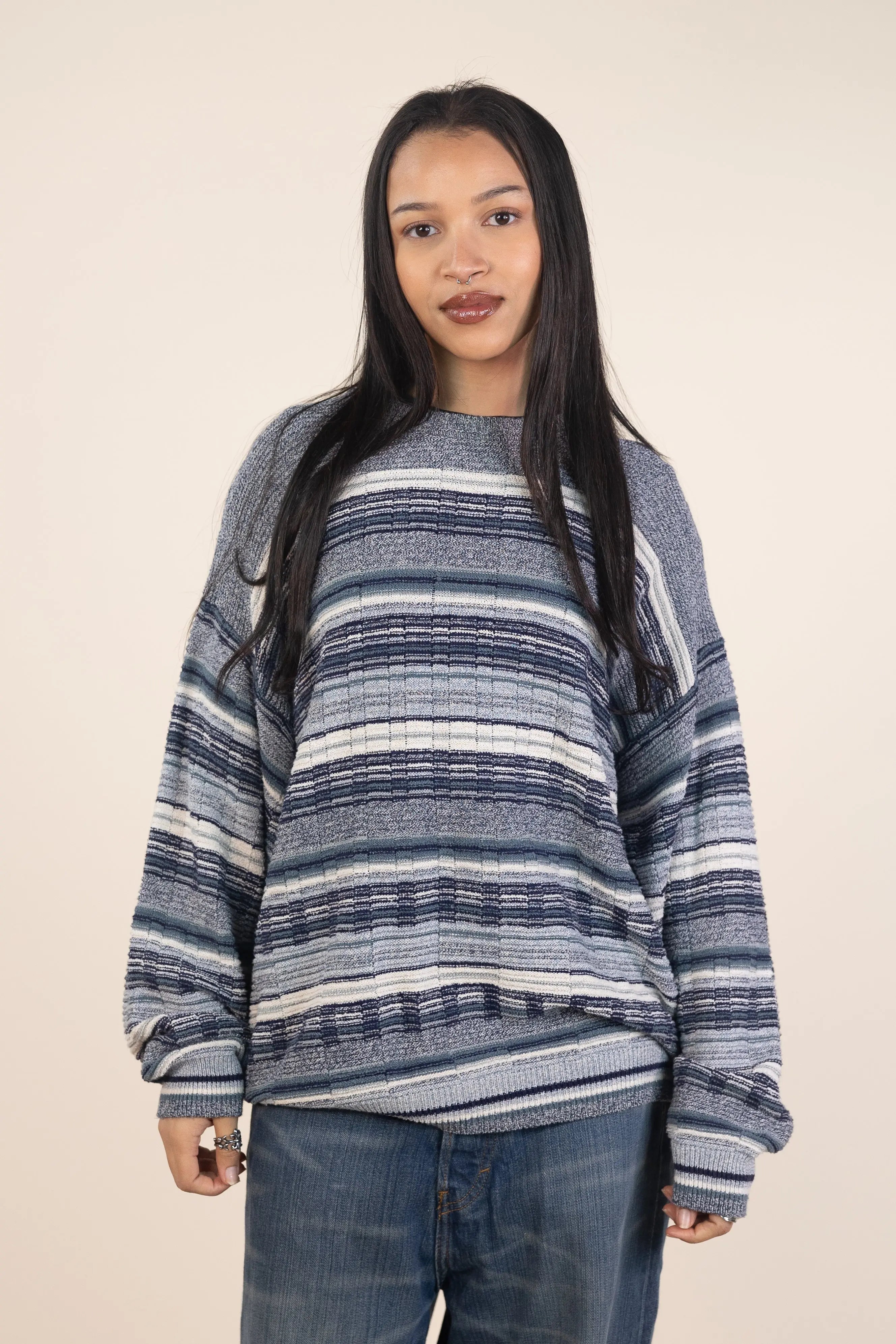 Jockey - Grey Striped Jumper with Jacuard Knit- ThriftTale.com - Vintage and second handclothing