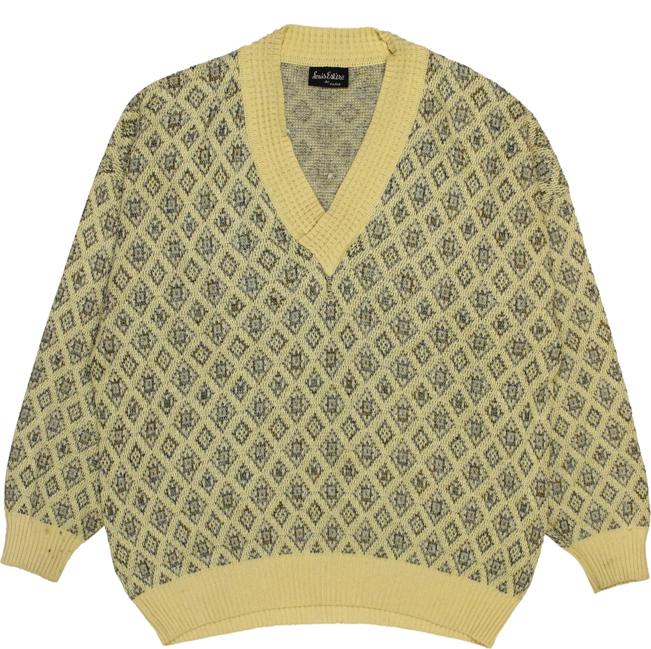 Louis Estére - Yellow Patterned V-neck Jumper- ThriftTale.com - Vintage and second handclothing