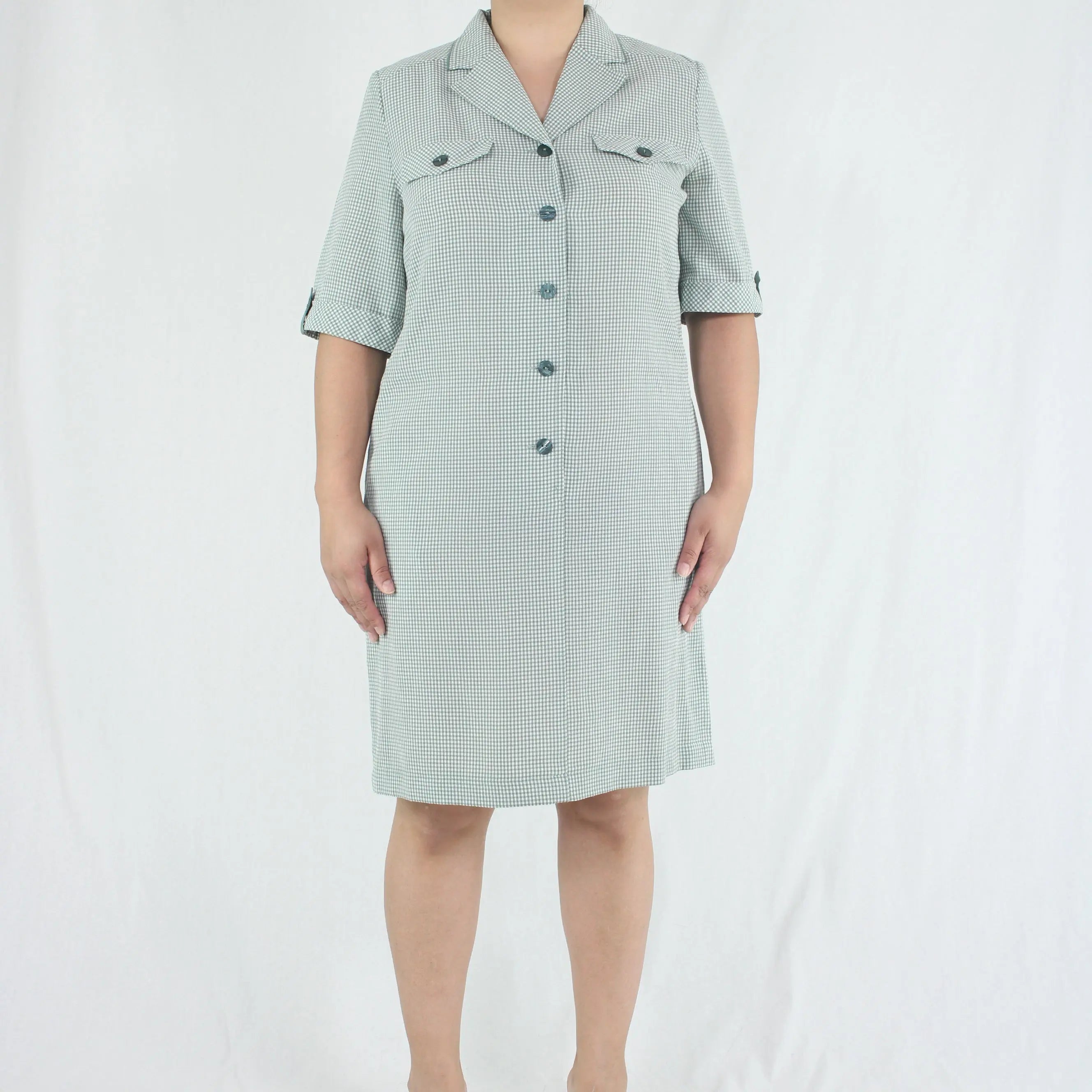 Markwald - Vintage Green Checked Dress with Shoulder Pads- ThriftTale.com - Vintage and second handclothing