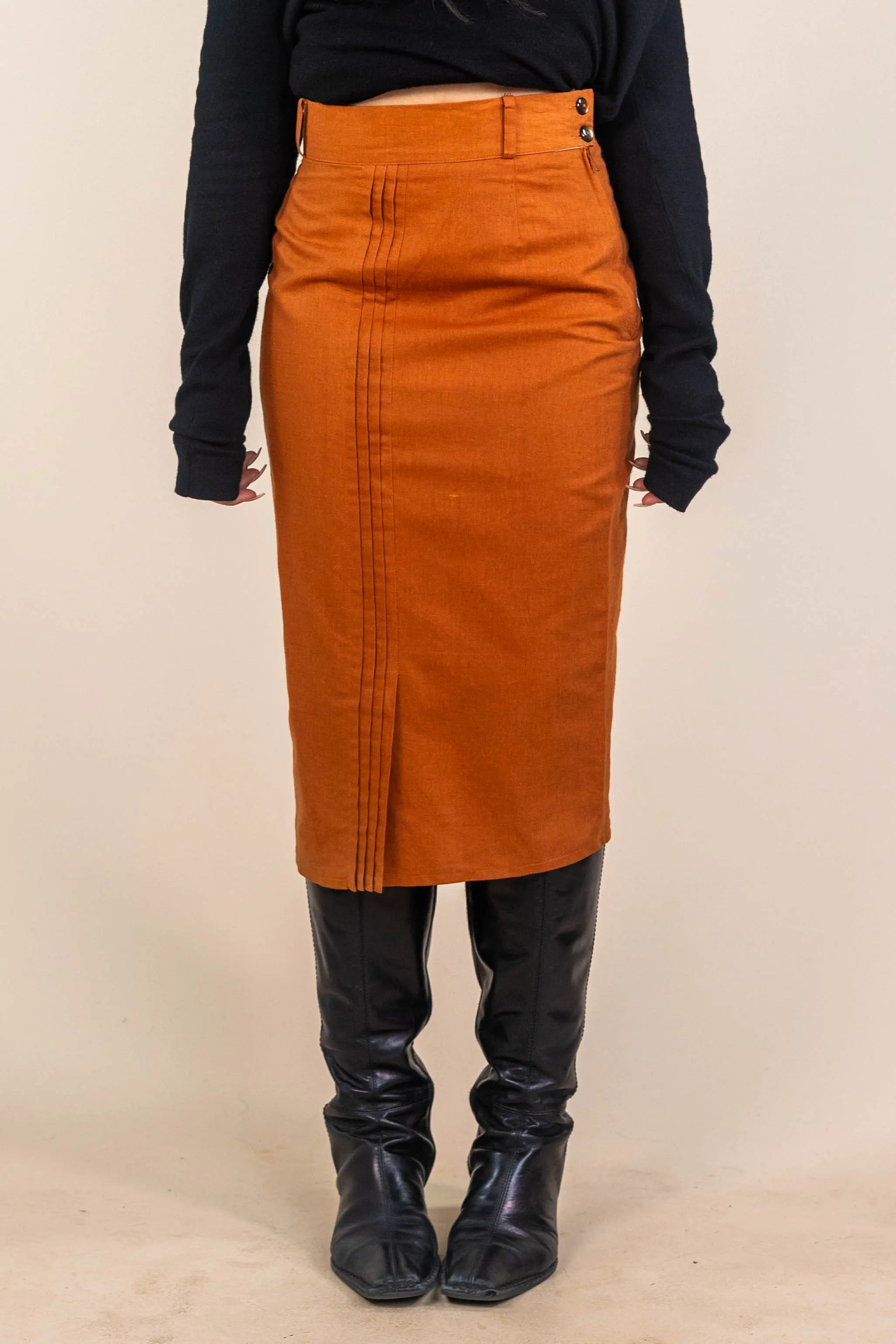 Okay - 90s Burned Orange Pencil Midi Skirt- ThriftTale.com - Vintage and second handclothing