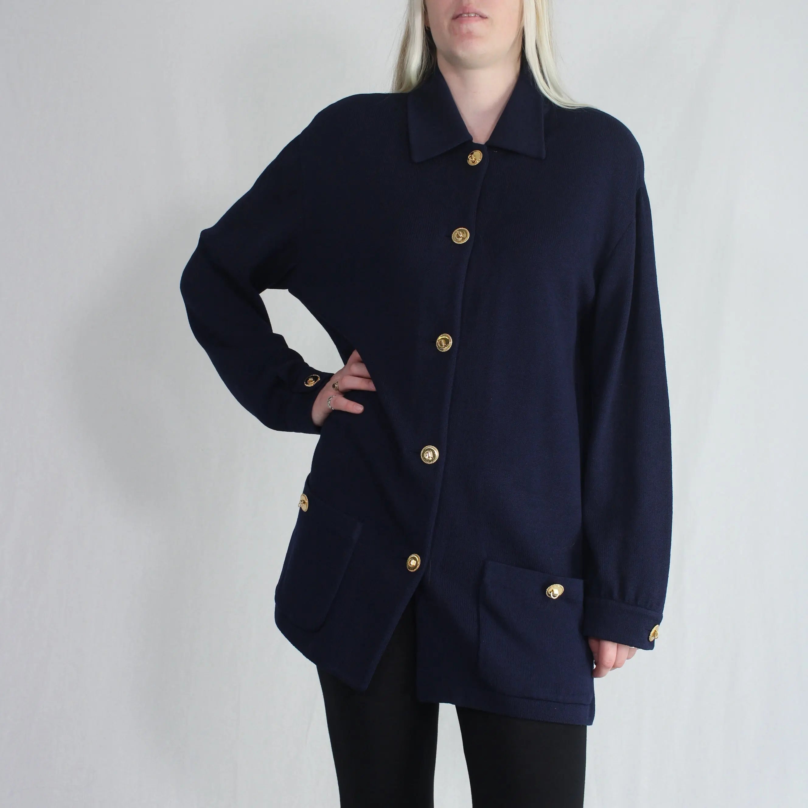 St. John by Marie Gray - Blue Cardigan with Shoulder Pads- ThriftTale.com - Vintage and second handclothing