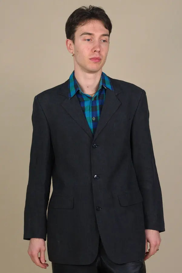 Stones - Vintage Men 80s Grey Linen Blazer- ThriftTale.com - Vintage and second handclothing