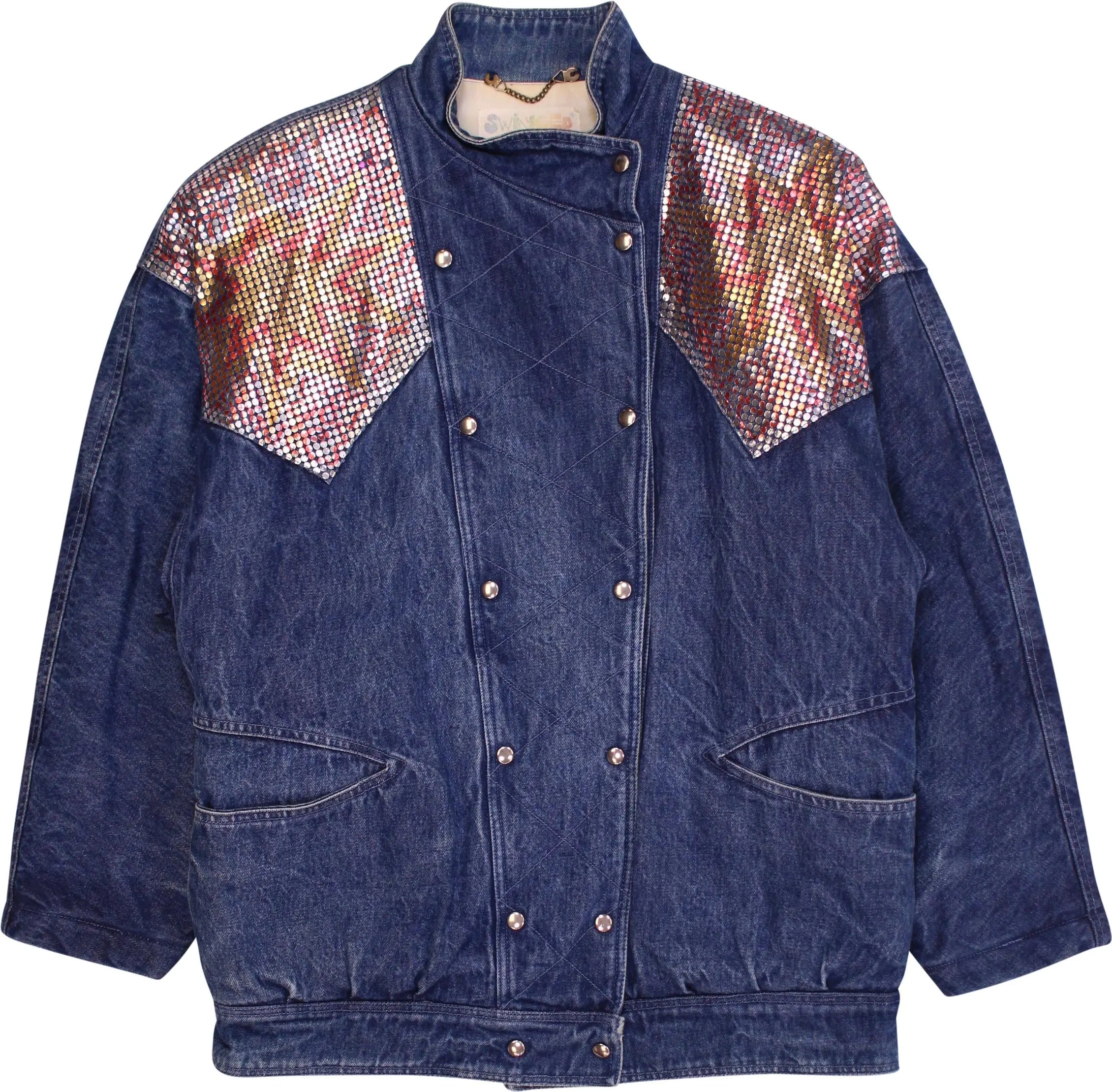Swinger - 80s Denim Jacket with Stars of Glitter on Shoulder- ThriftTale.com - Vintage and second handclothing