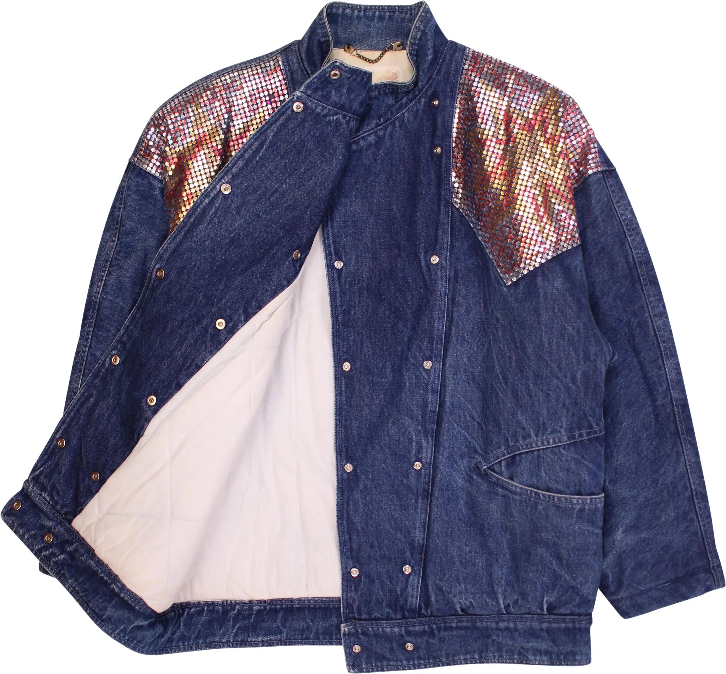 Swinger - 80s Denim Jacket with Stars of Glitter on Shoulder- ThriftTale.com - Vintage and second handclothing
