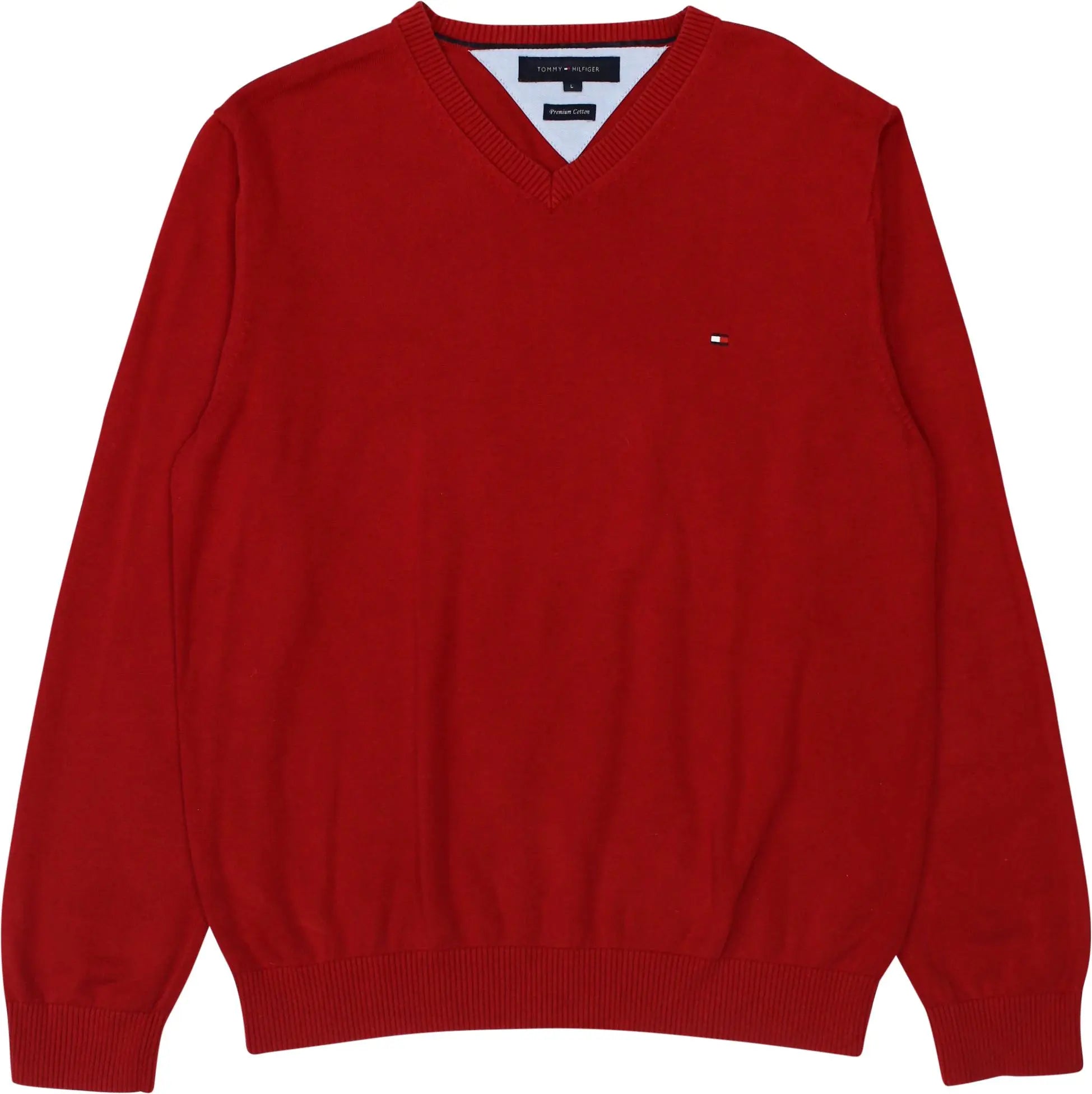 Tommy Hilfiger - Red V-Neck Sweatshirt by Tommy Hilfiger- ThriftTale.com - Vintage and second handclothing