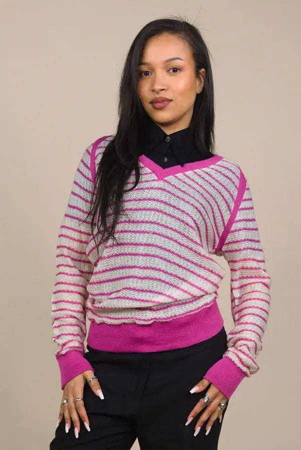 00s Knitted Striped V-neck Jumper ThriftTale