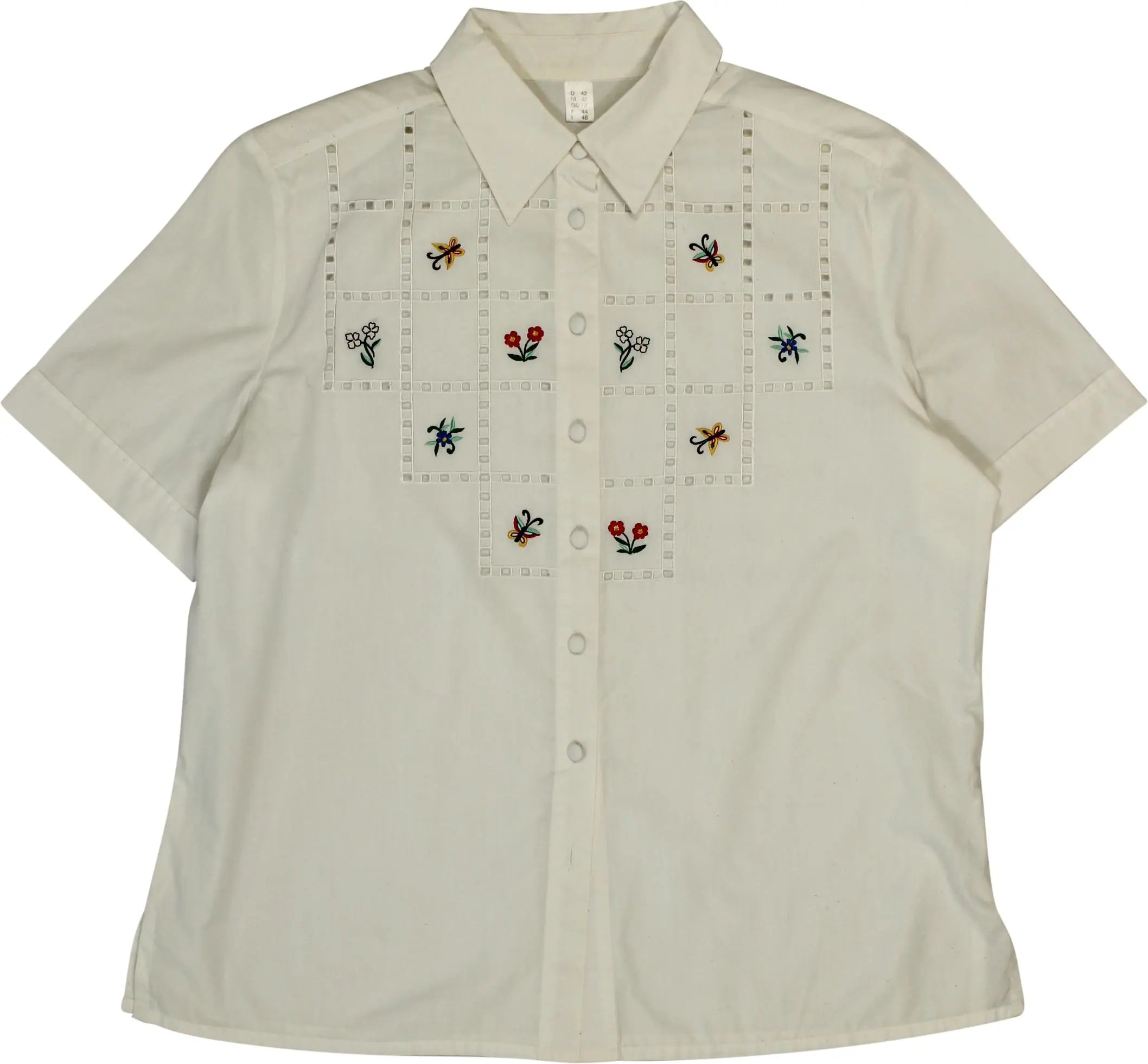 Unknown - 80s Embroidered Blouse with Shoulder Pads- ThriftTale.com - Vintage and second handclothing