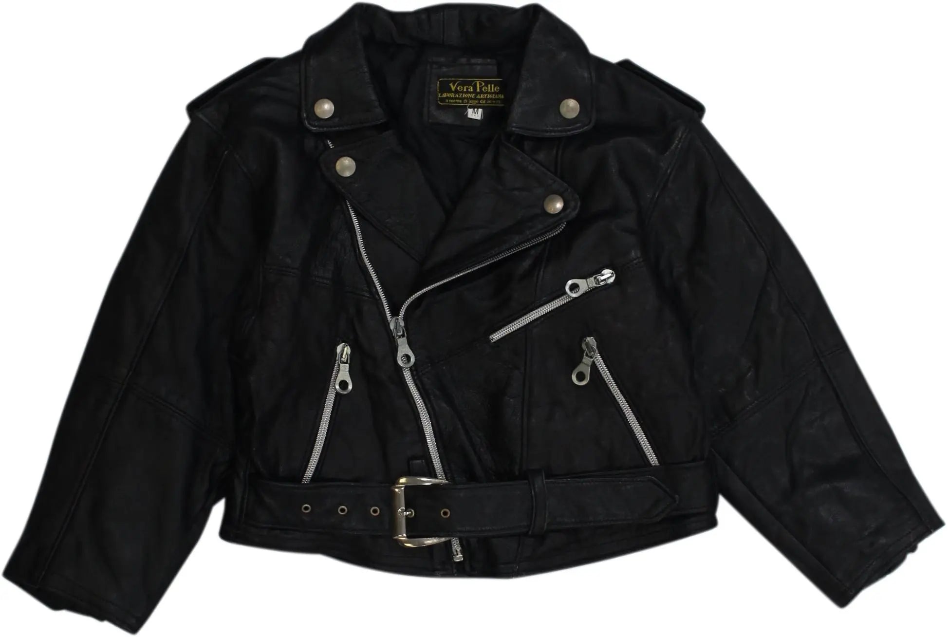 Unknown - Black Leather Biker Jacket- ThriftTale.com - Vintage and second handclothing