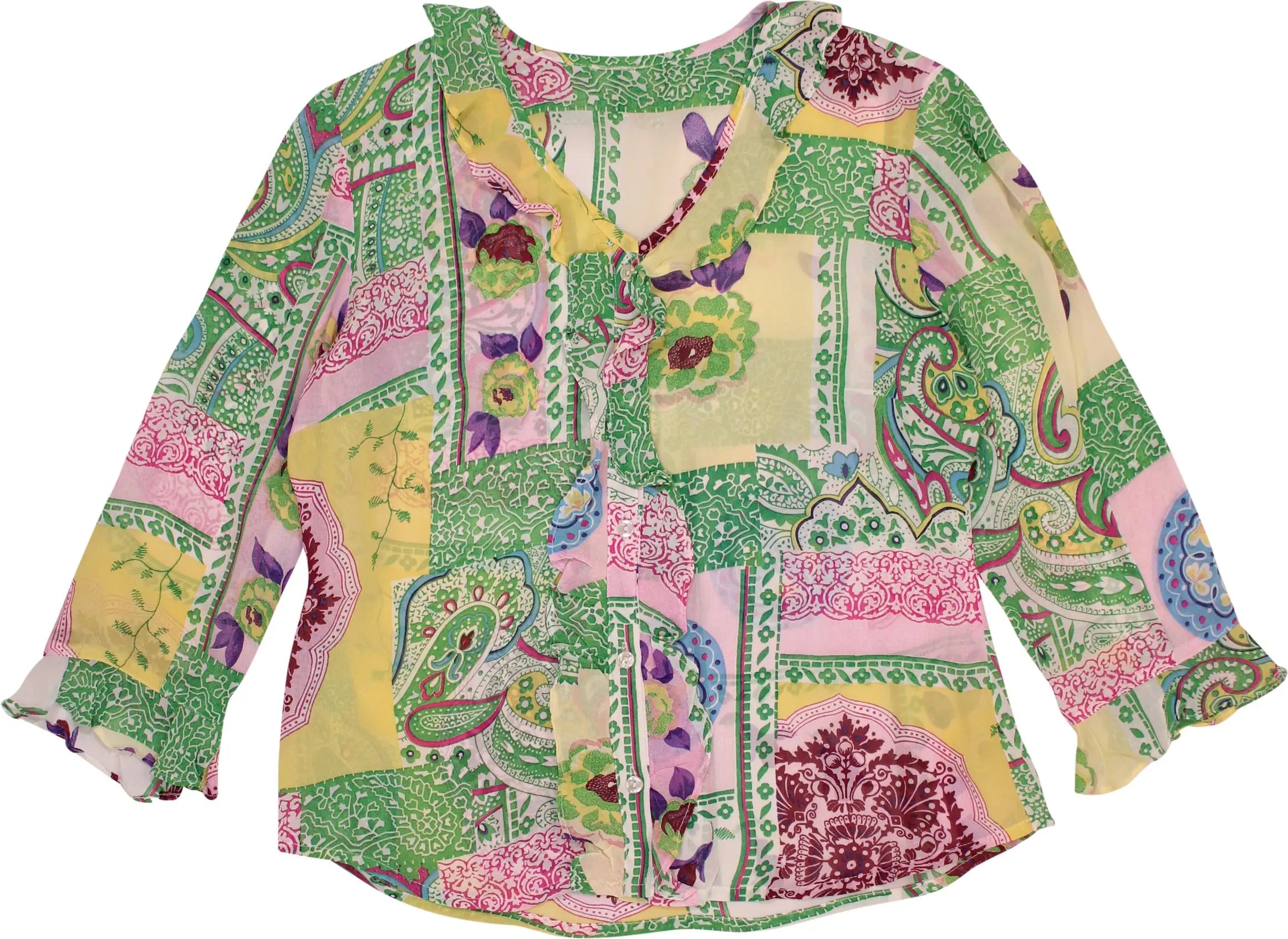 Unknown - Chiffon Blouse with Patchwork Print- ThriftTale.com - Vintage and second handclothing