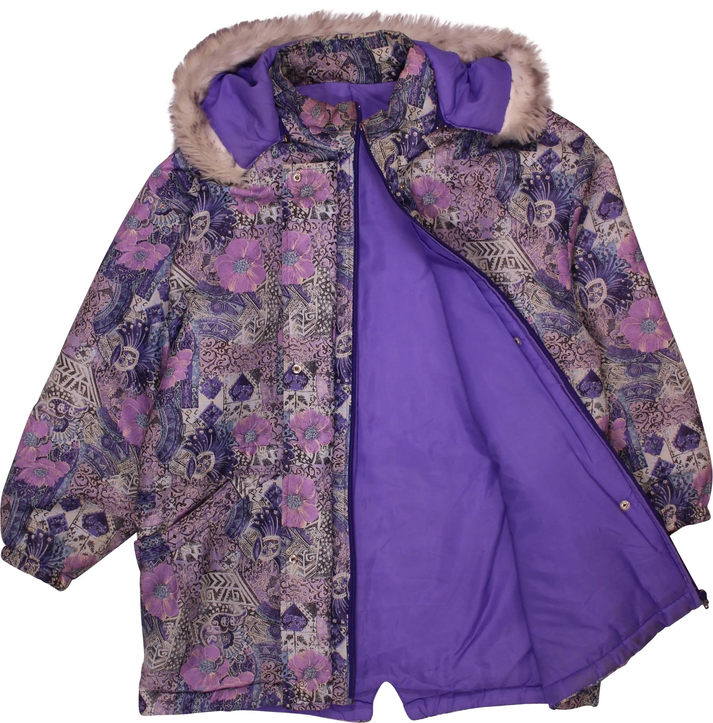 Unknown - Purple Floral Puffer Coat- ThriftTale.com - Vintage and second handclothing