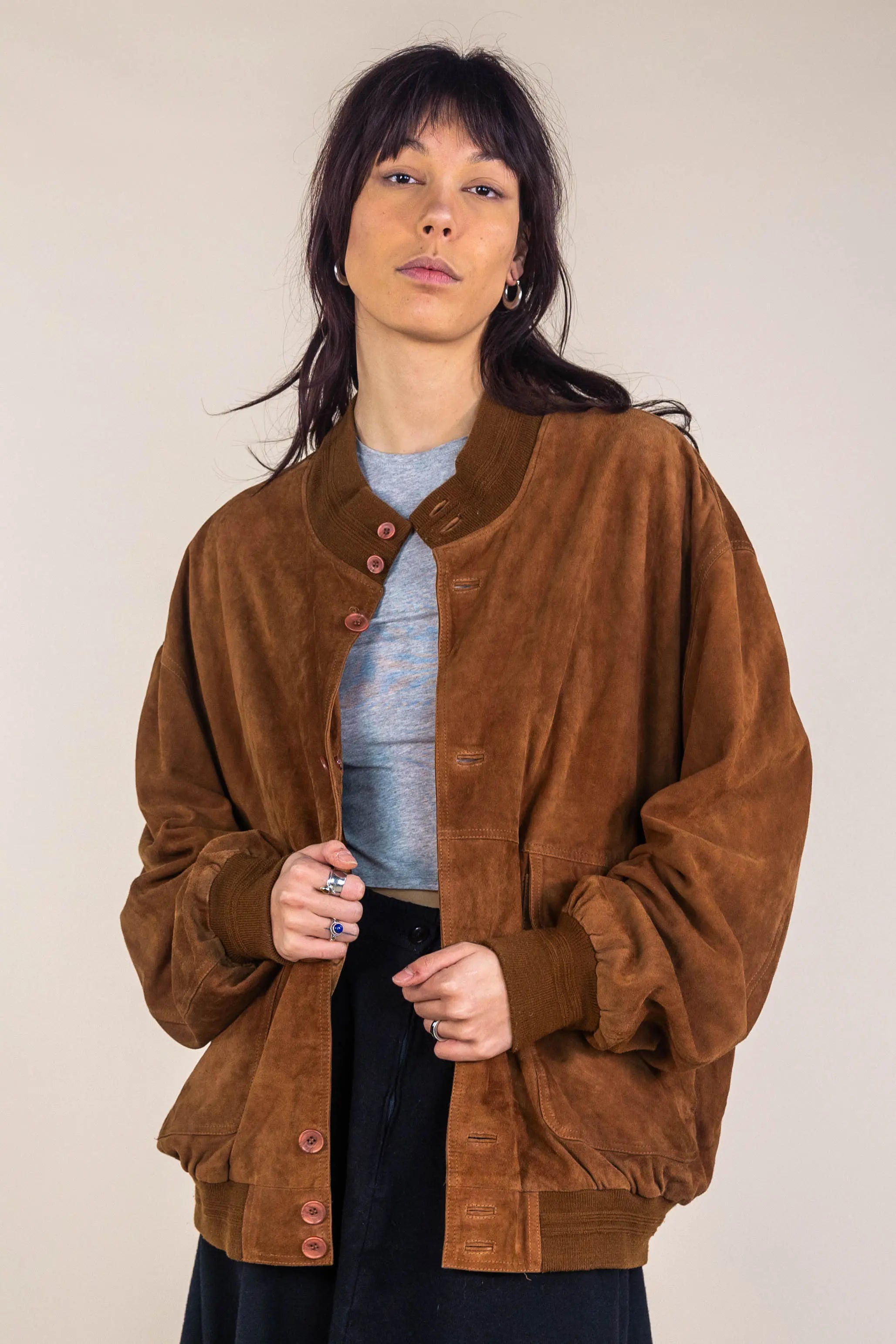 Unknown - Suede Leather Bomber Jacket- ThriftTale.com - Vintage and second handclothing