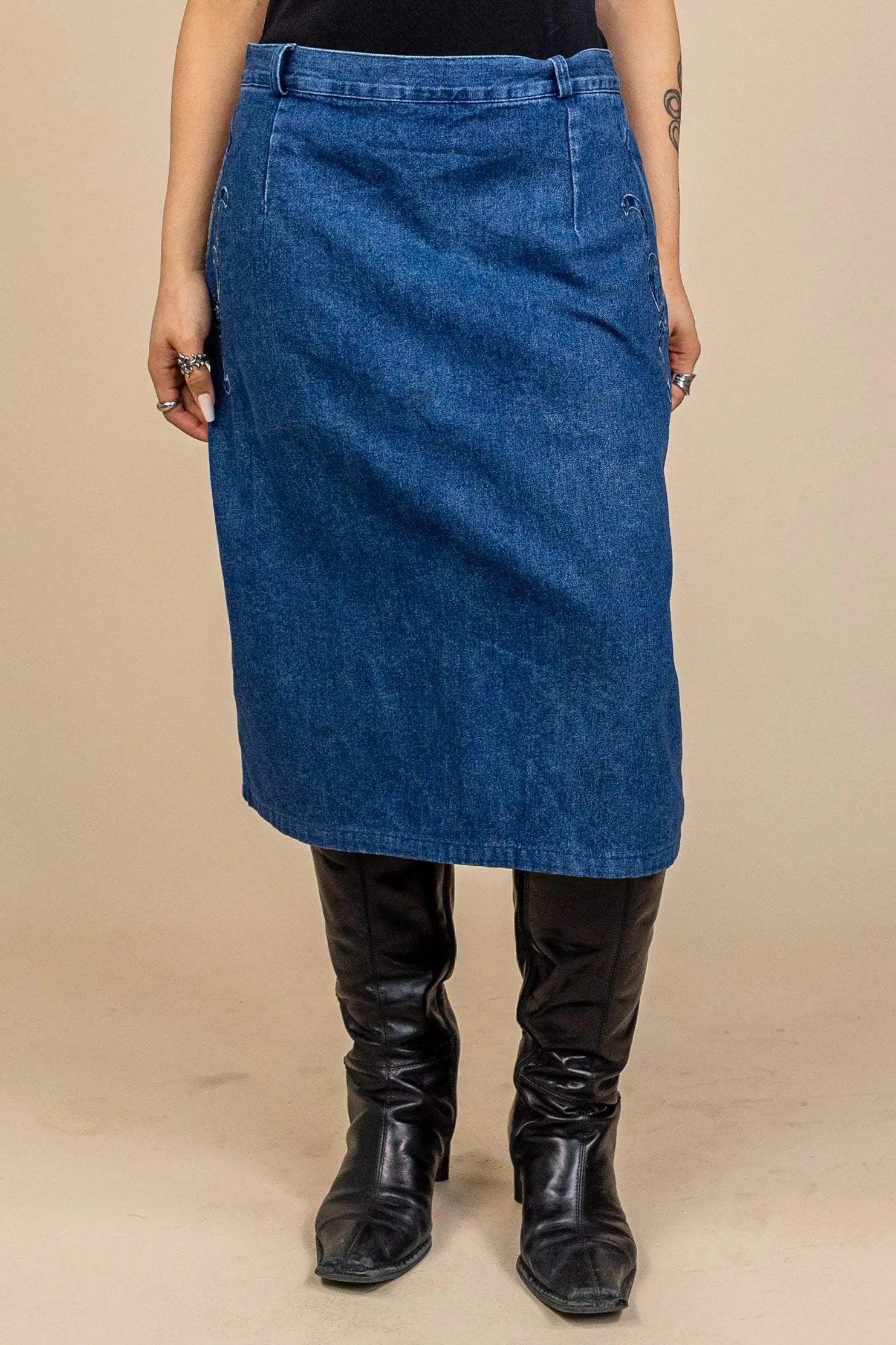 Unknown - Vintage 80s Denim Midi Skirt- ThriftTale.com - Vintage and second handclothing