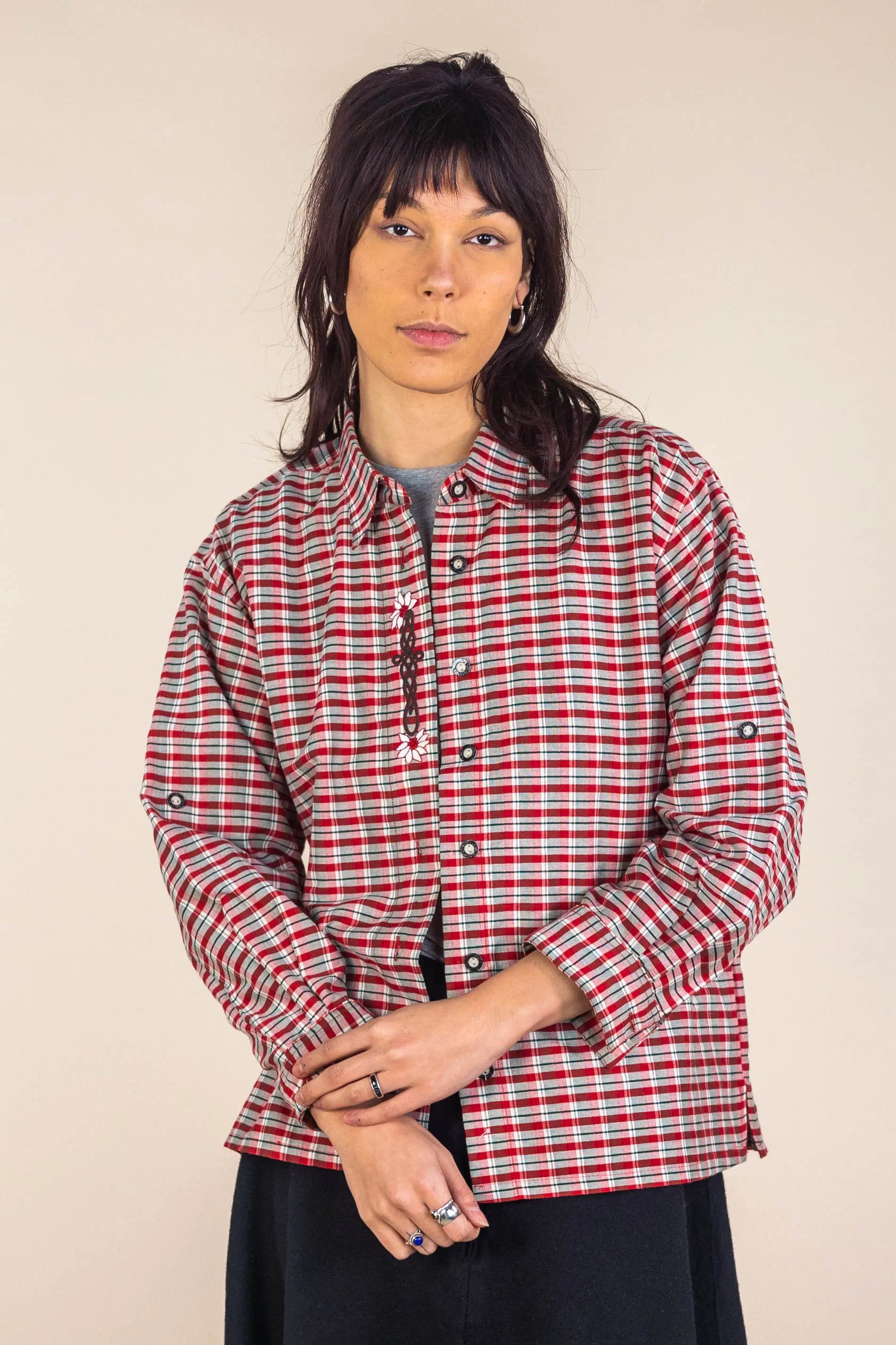 Usar Grachten - German/Austrian Plaid Blouse With Embroidered Details- ThriftTale.com - Vintage and second handclothing