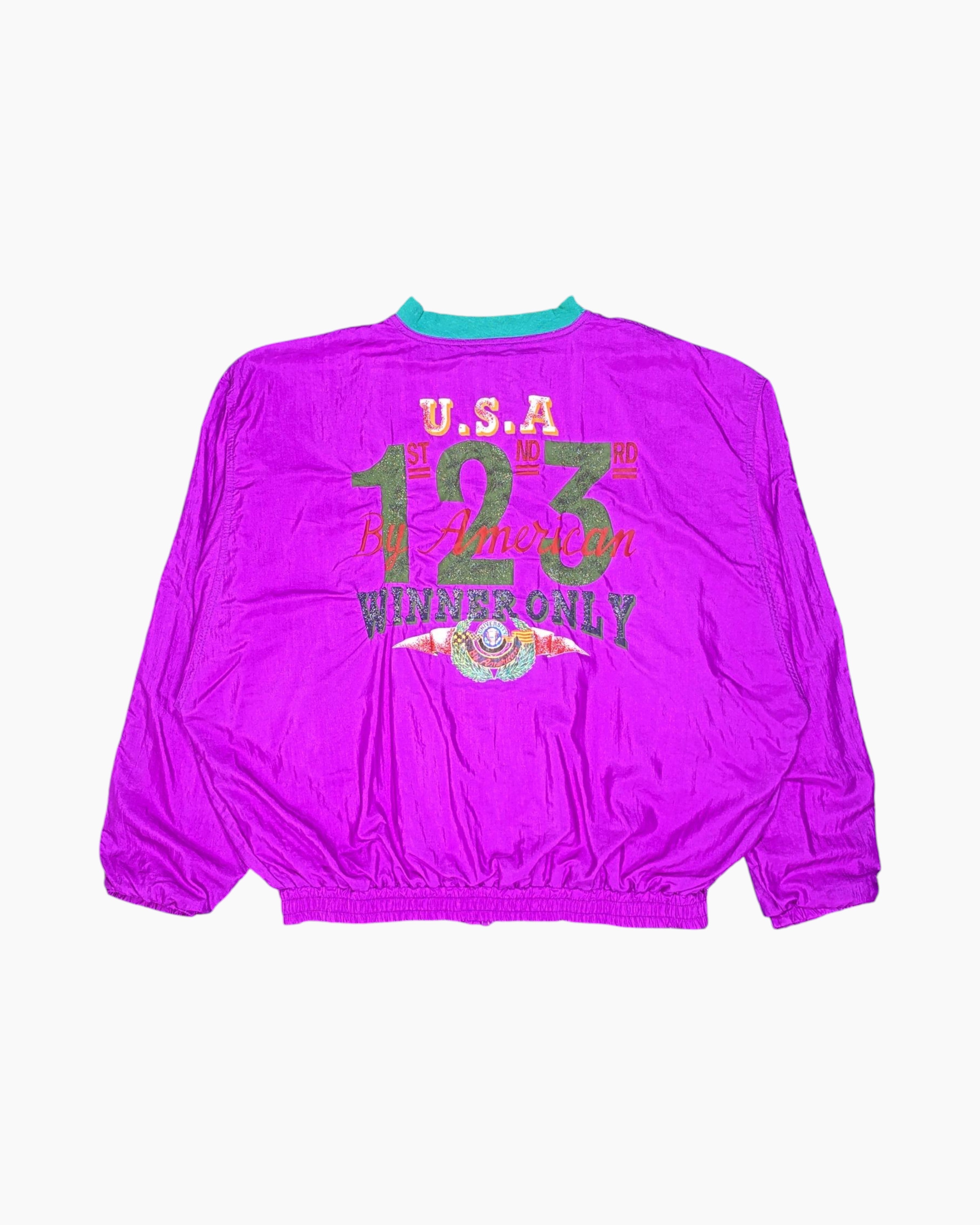 Back Vintage 80s/90s By American Windbreaker Jacket – Neon Purple with Varsity Graphic