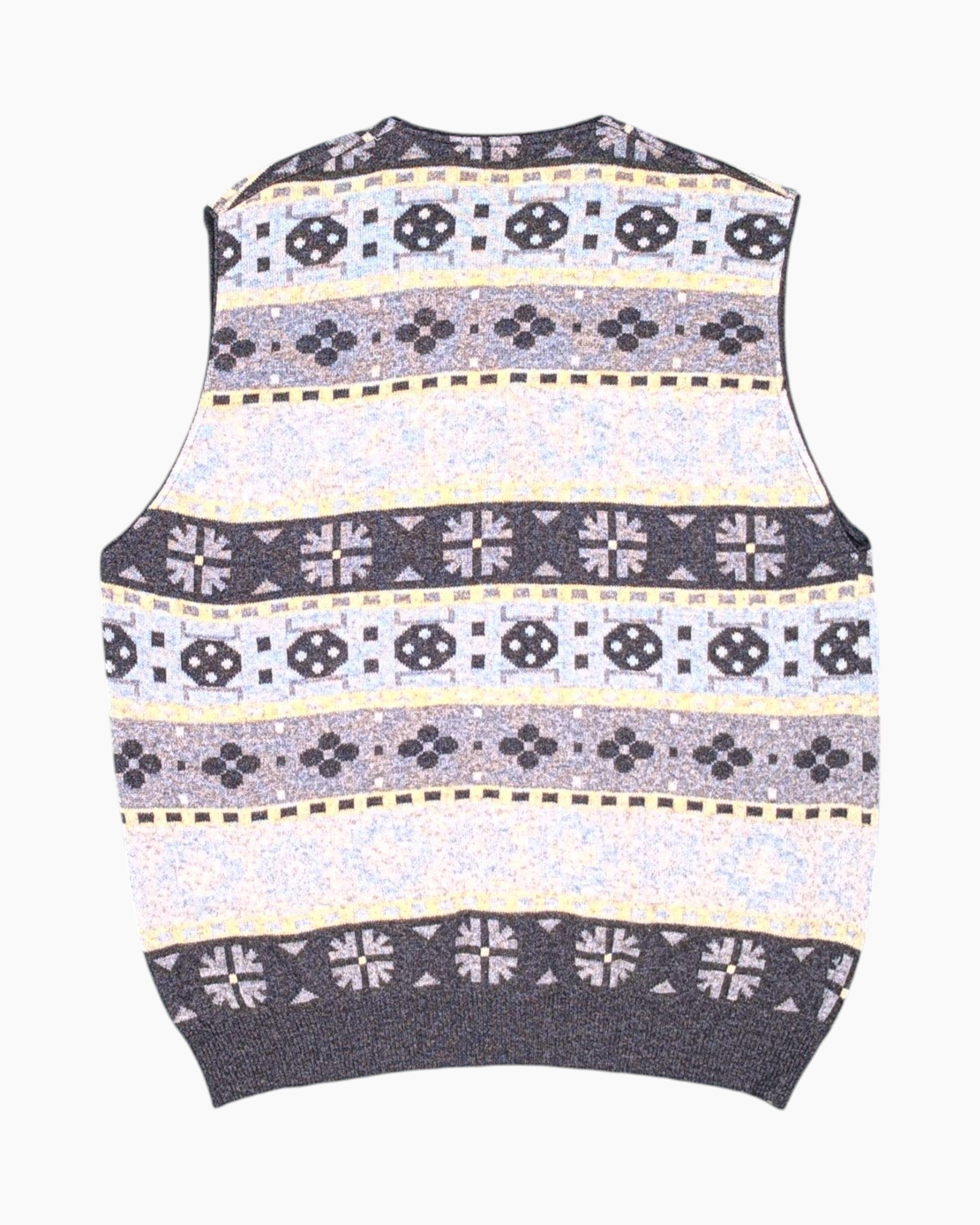 Back Vintage 80s/90s MALAGRIDA Button-Up Knit Vest – Gray Geo Jacquard