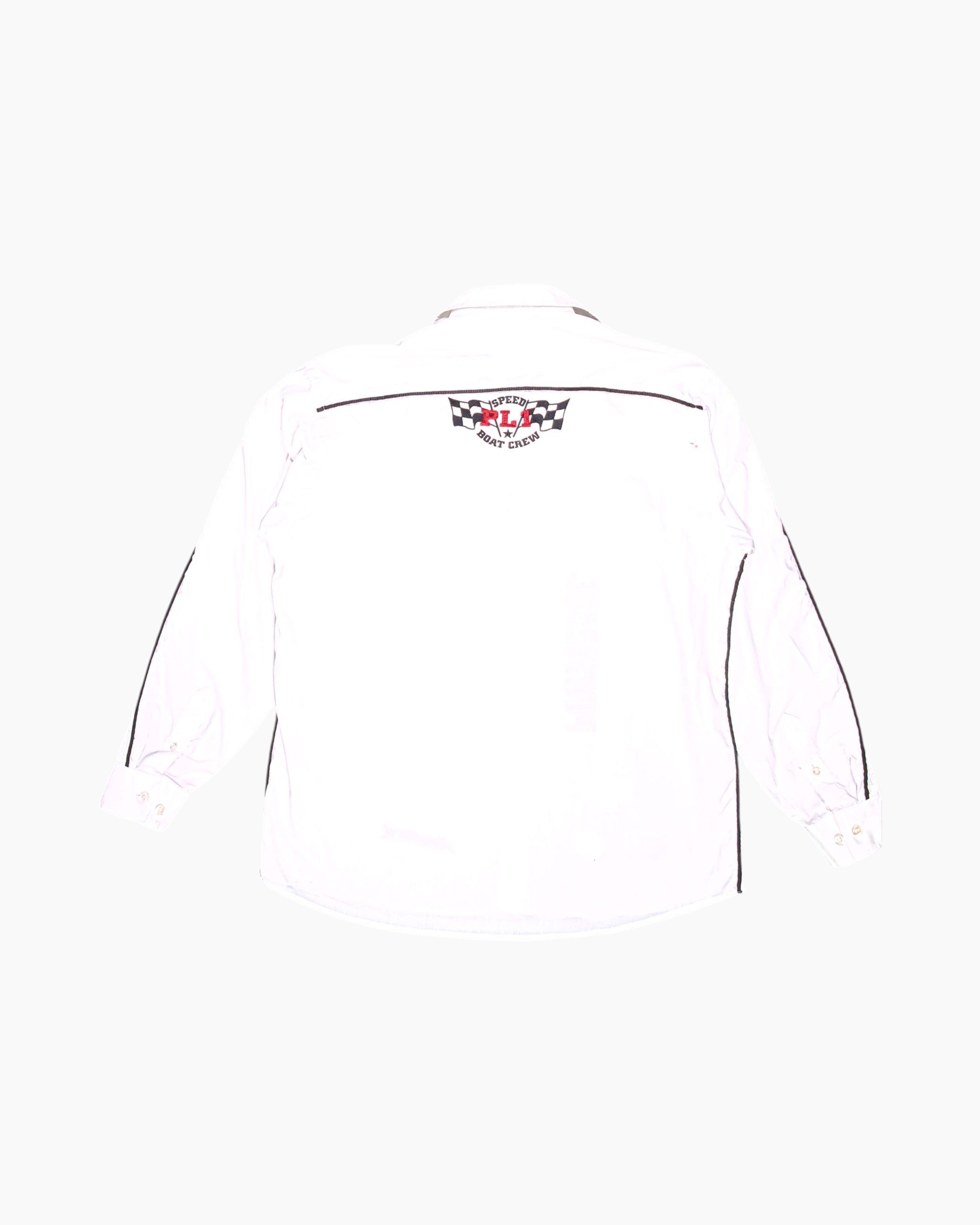 Back Vintage 90s/2000s PLATINUM EVERYWEAR Button-Down Shirt – White Racing Patches