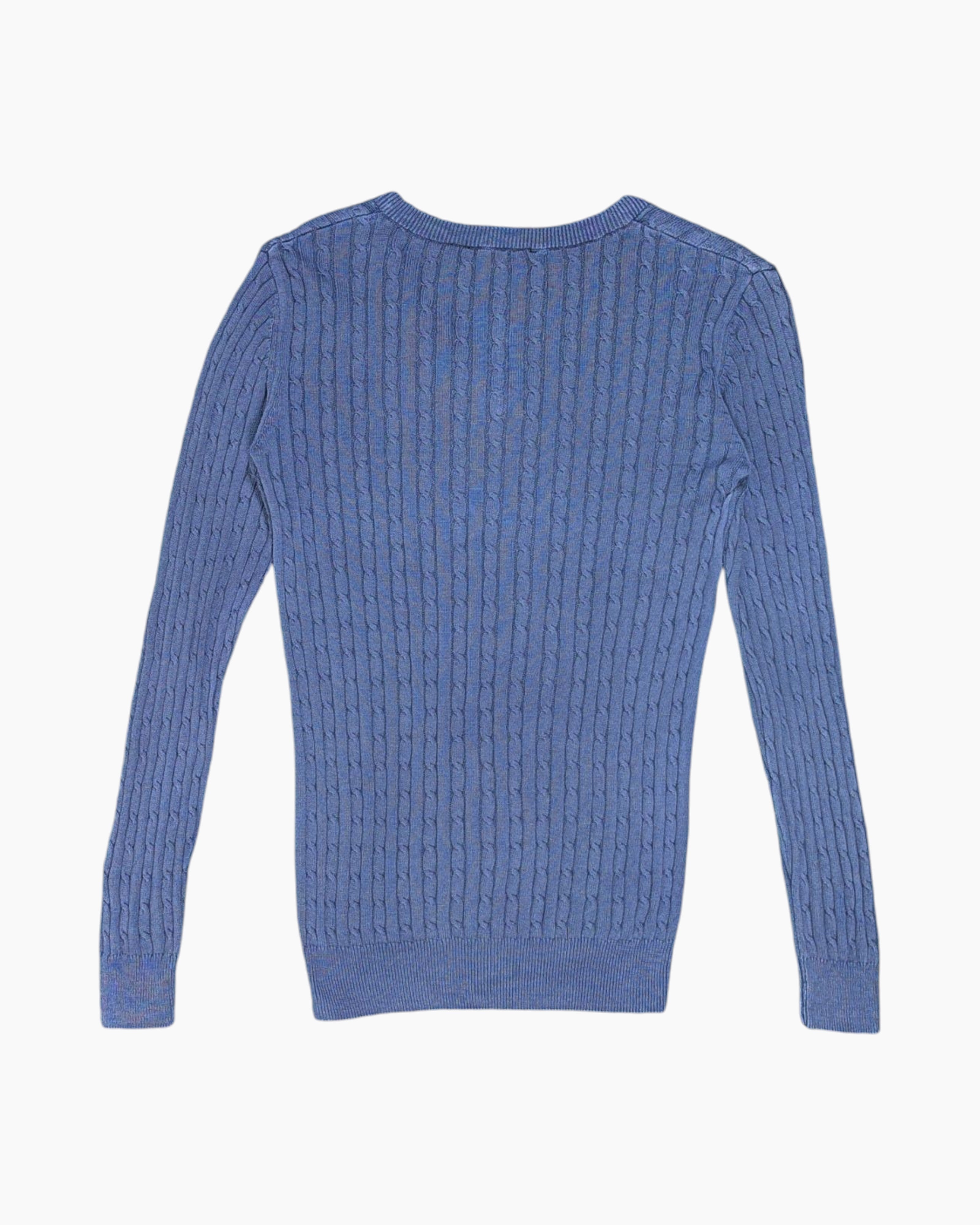 Back Vintage 90s/2000s Polo by Ralph Lauren Pullover Sweater – Blue Cable V‑Neck