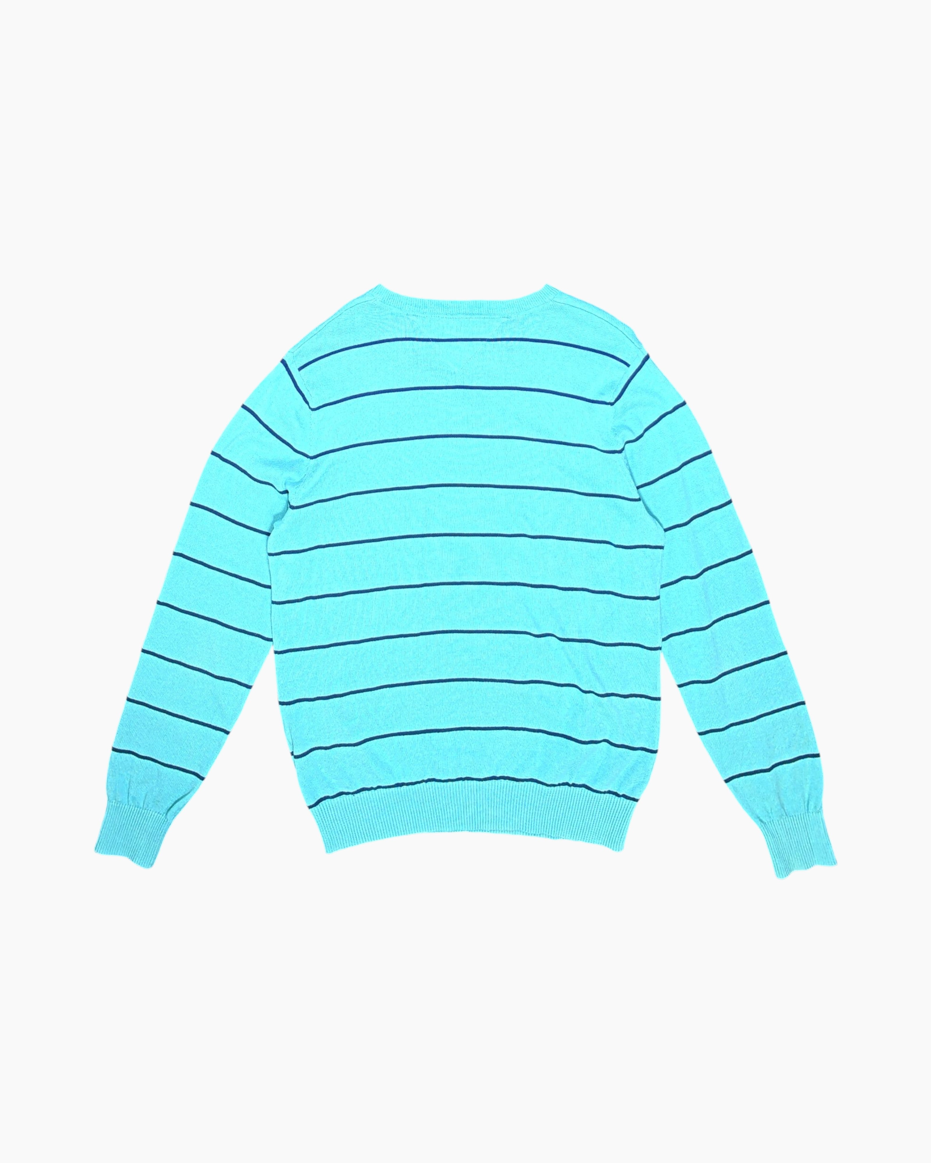 Back Pre-owned Tommy Hilfiger Pullover Sweater – Blue V‑Neck Embroidered Logo