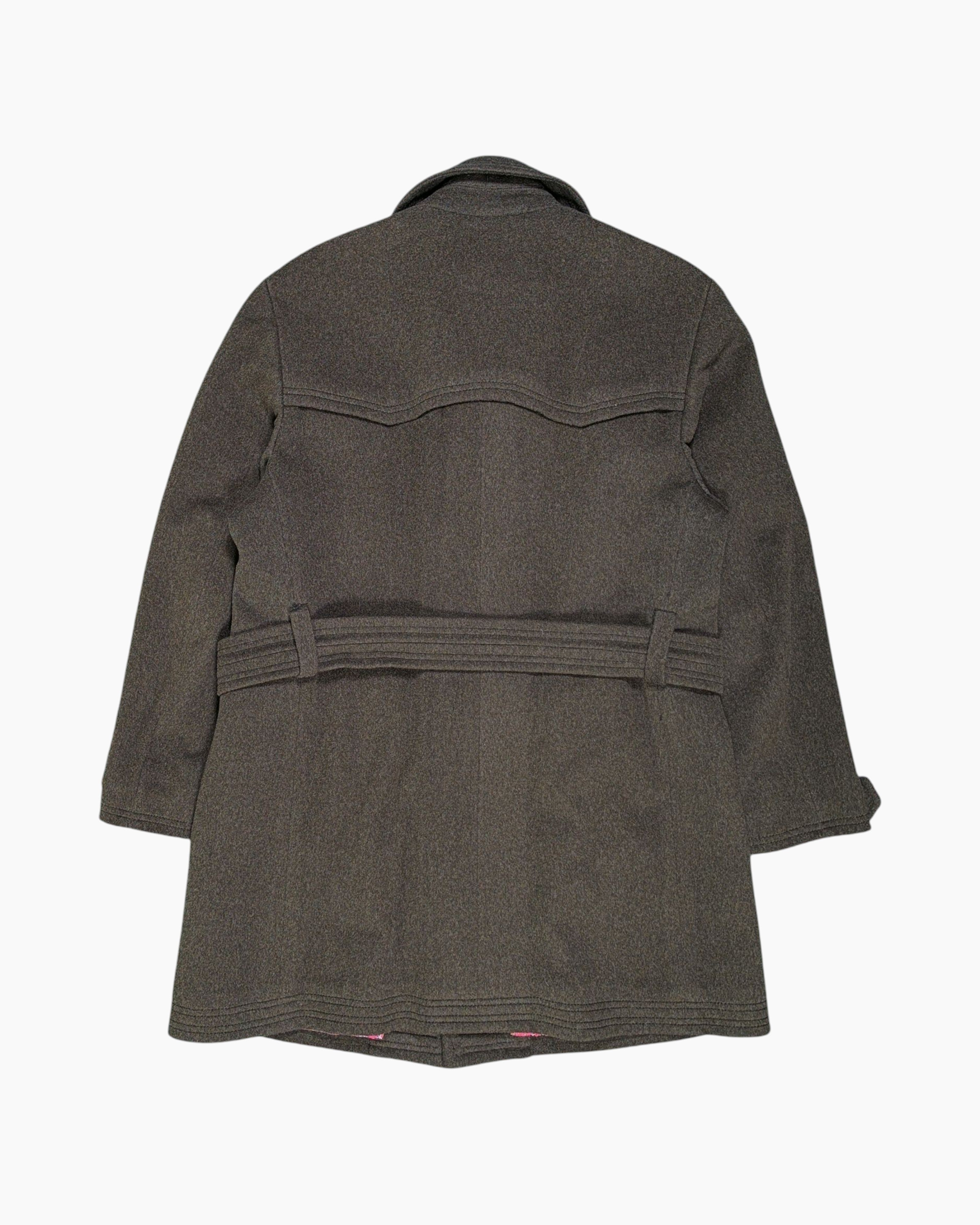 Back Vintage 60s/70s Unknown Belted Coat – Olive Green with Paisley Cuff