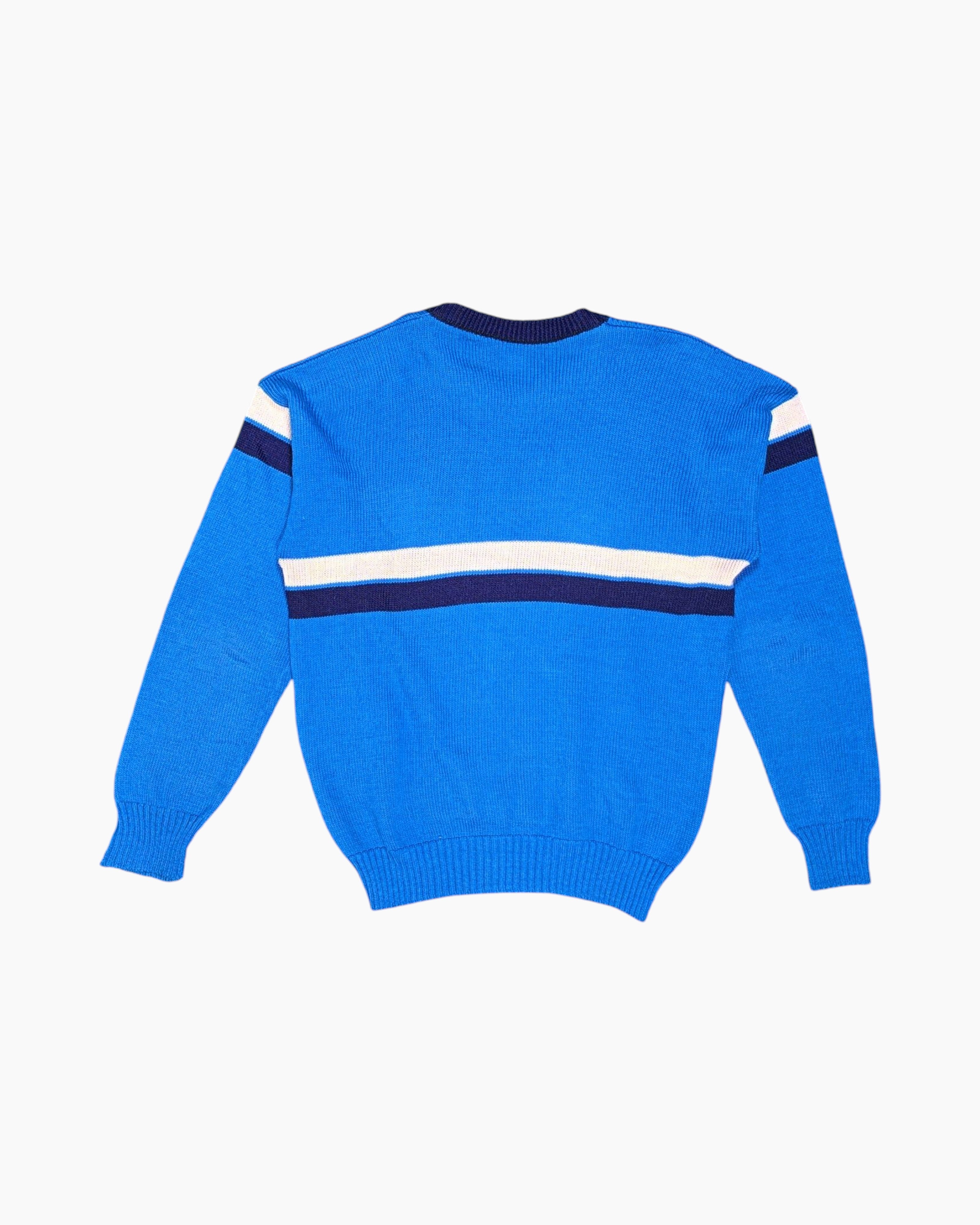 Back Vintage 70s/80s Unknown Pullover Sweater – Cobalt Blue Varsity Stripes