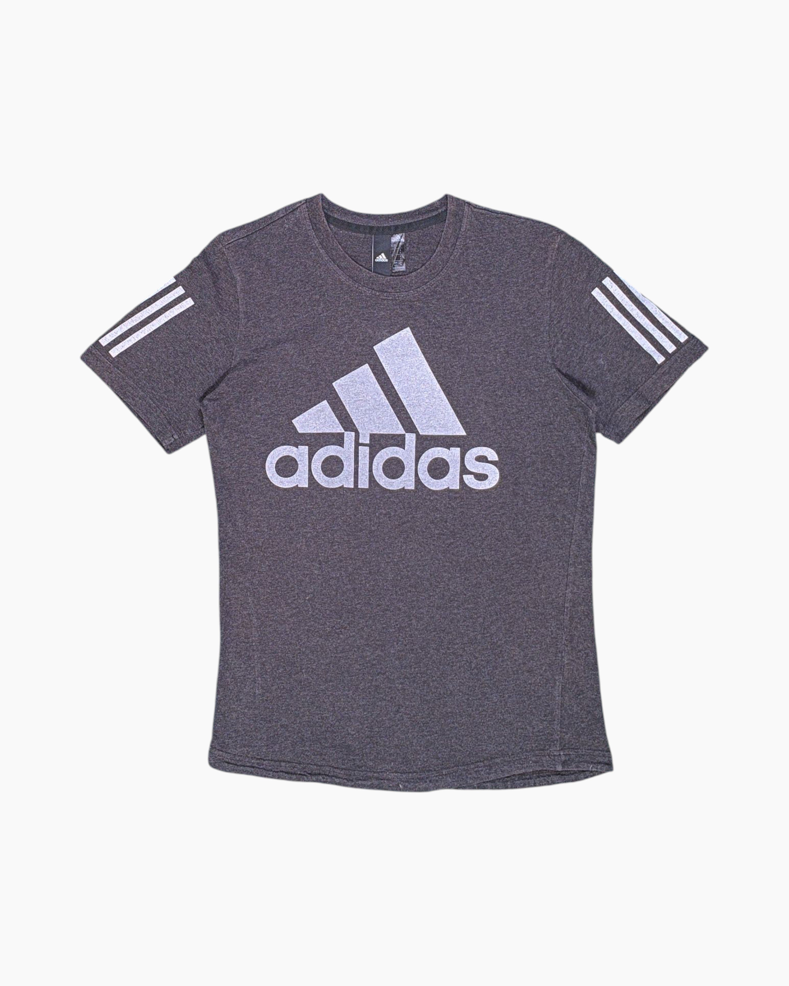 Front Pre-owned adidas Graphic T-Shirt – Gray with Three-Stripe Sleeve Detail