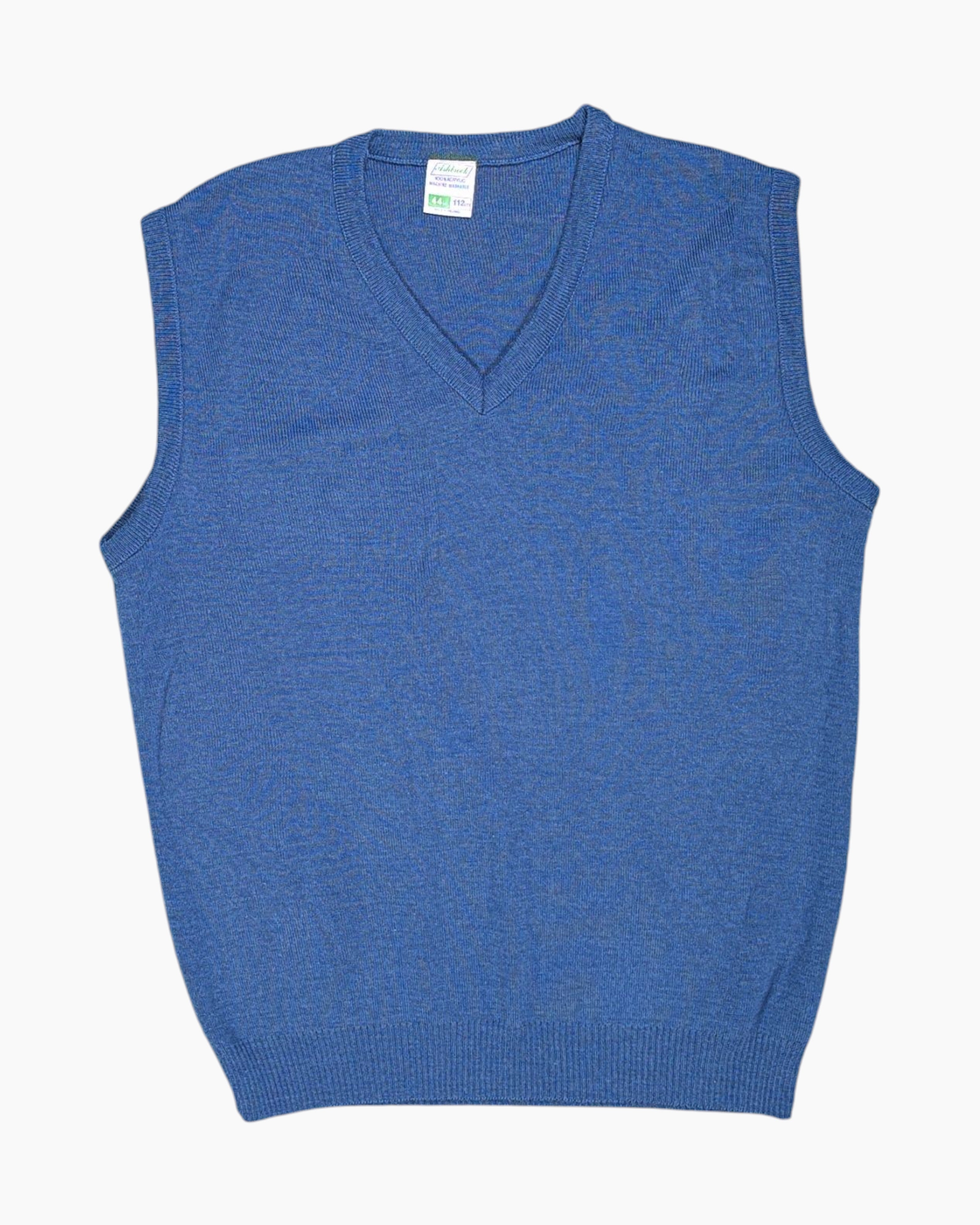 Front Vintage 80s/90s Ashbrook Sweater Vest – Blue V‑Neck Ribbed Hem
