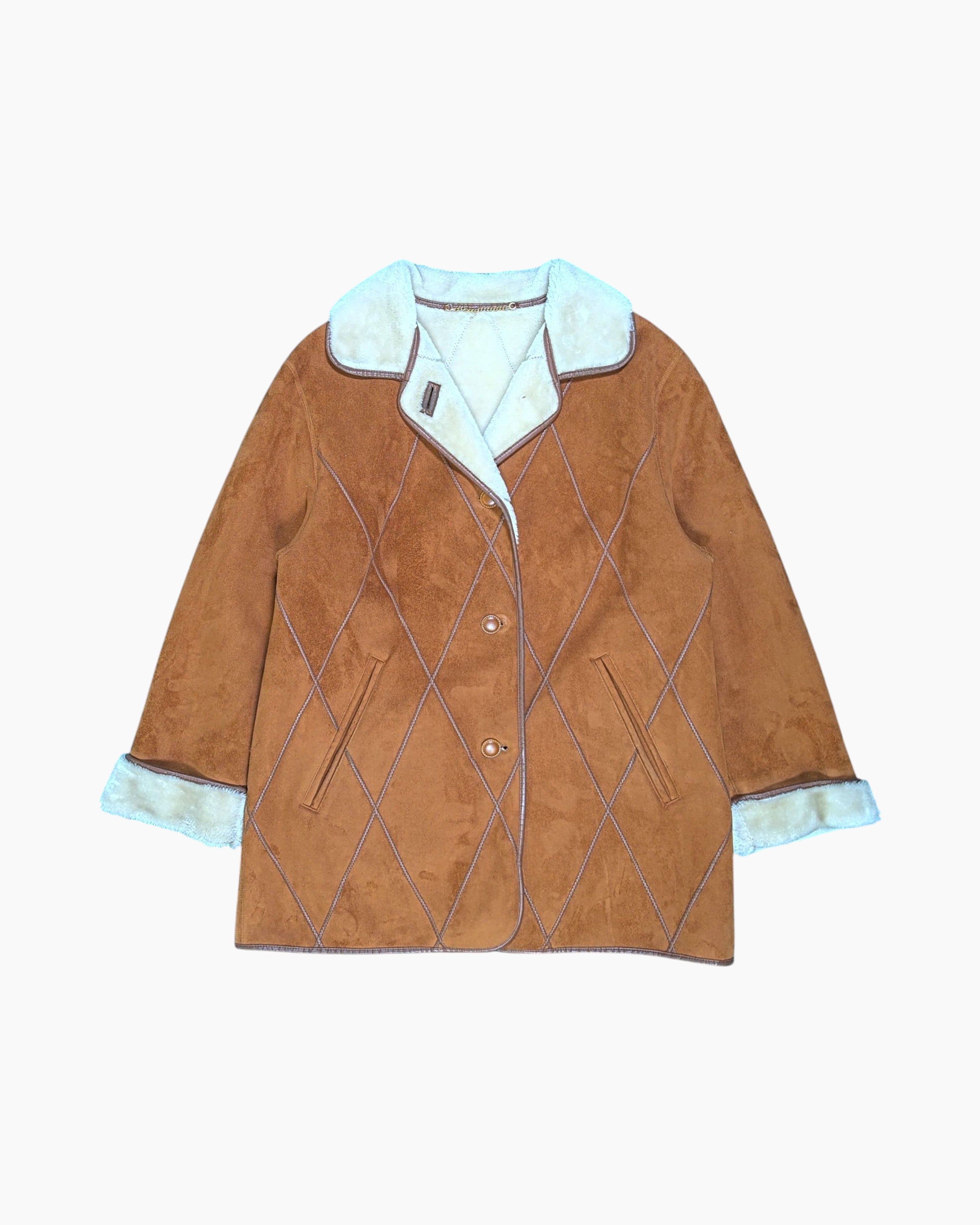 Front Pre-owned BARONIA Shearling-style Jacket – Brown Diamond Quilted