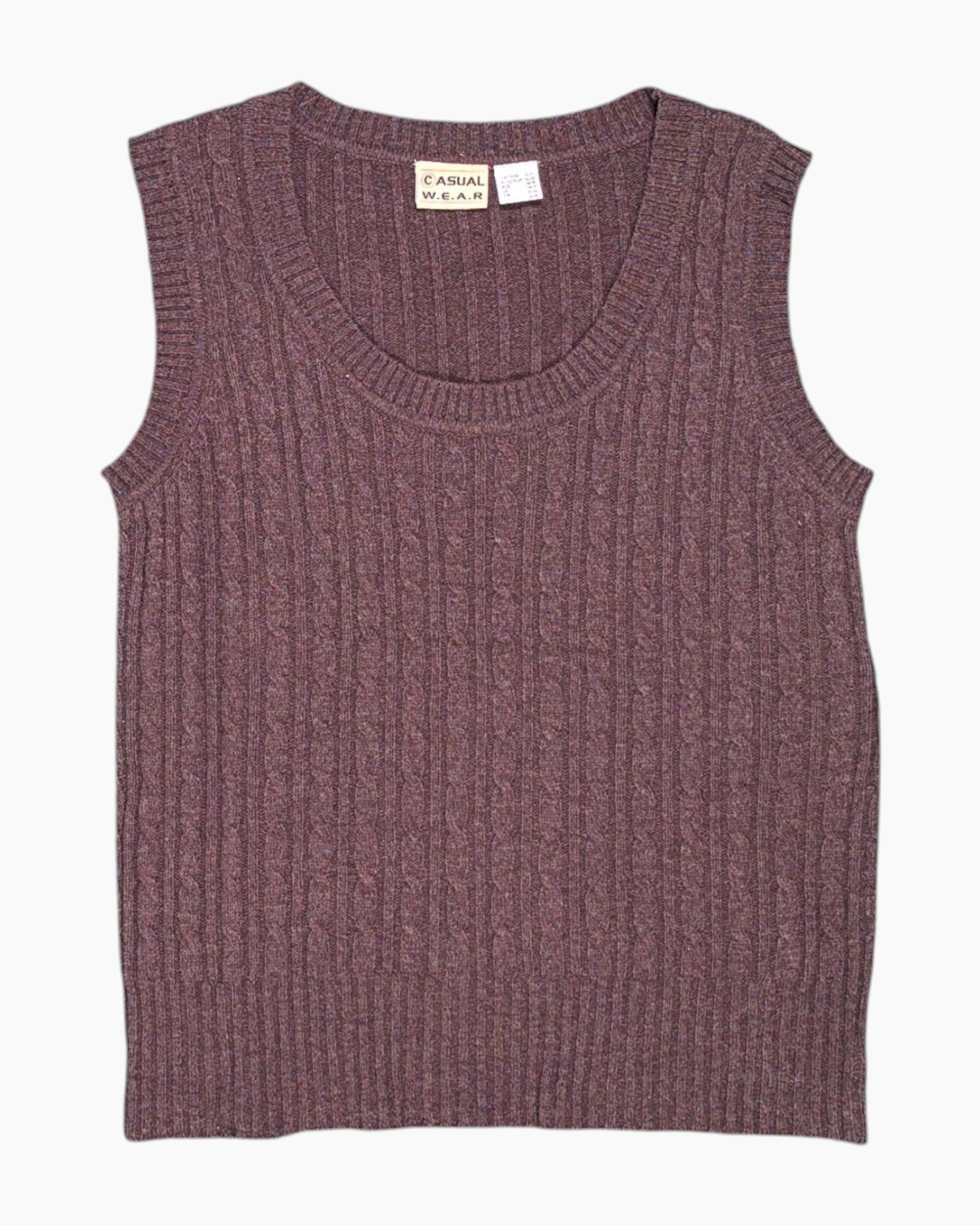 Front Vintage 80s/90s CASUAL WEAR Sleeveless Knit Top – Brown Rib Knit