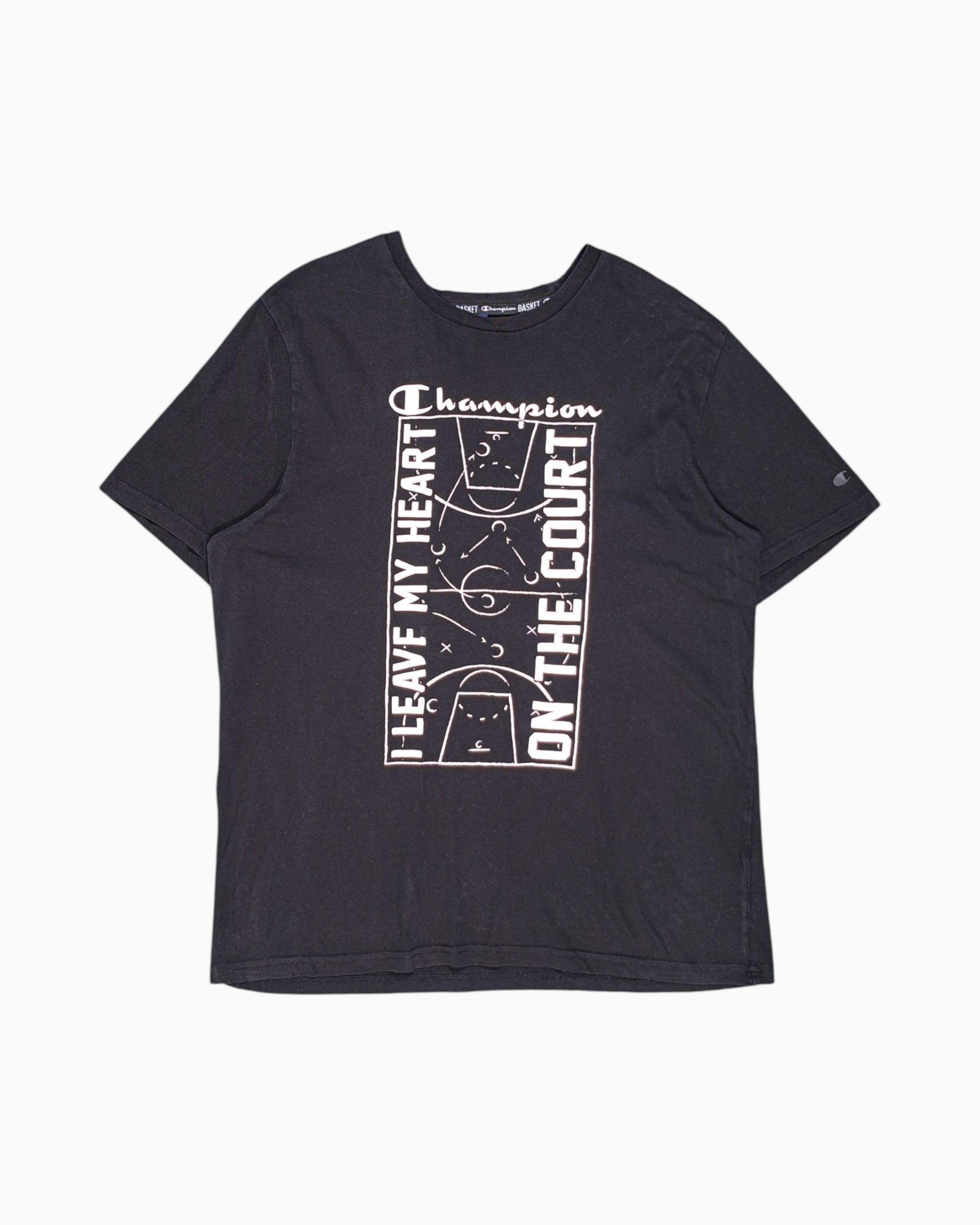 Front Pre-owned Champion Graphic T-Shirt – Black Screen Print (Unisex XL)