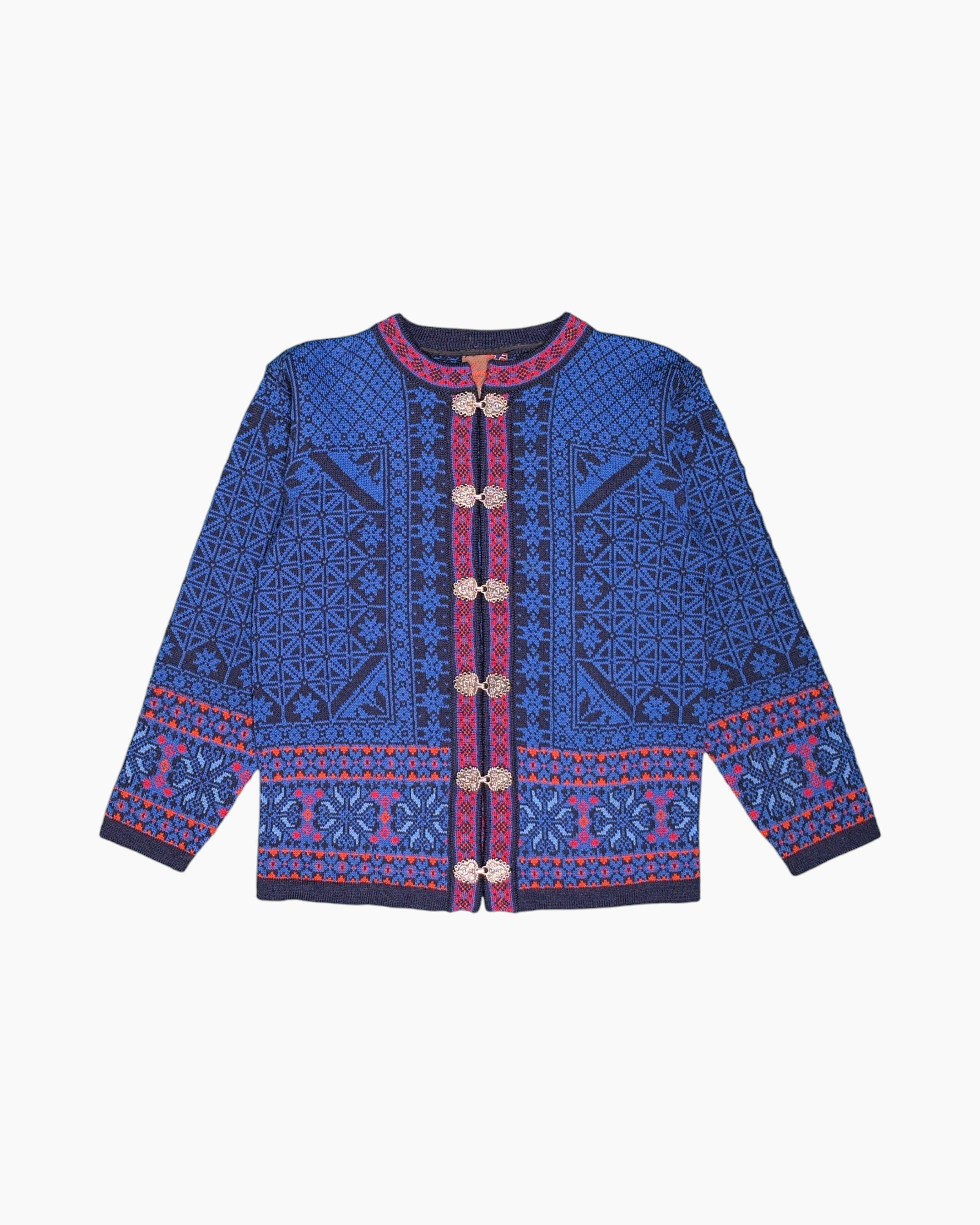 Front Vintage 80s/90s Christiania Sweaters Cardigan – Blue Jacquard (Preloved)