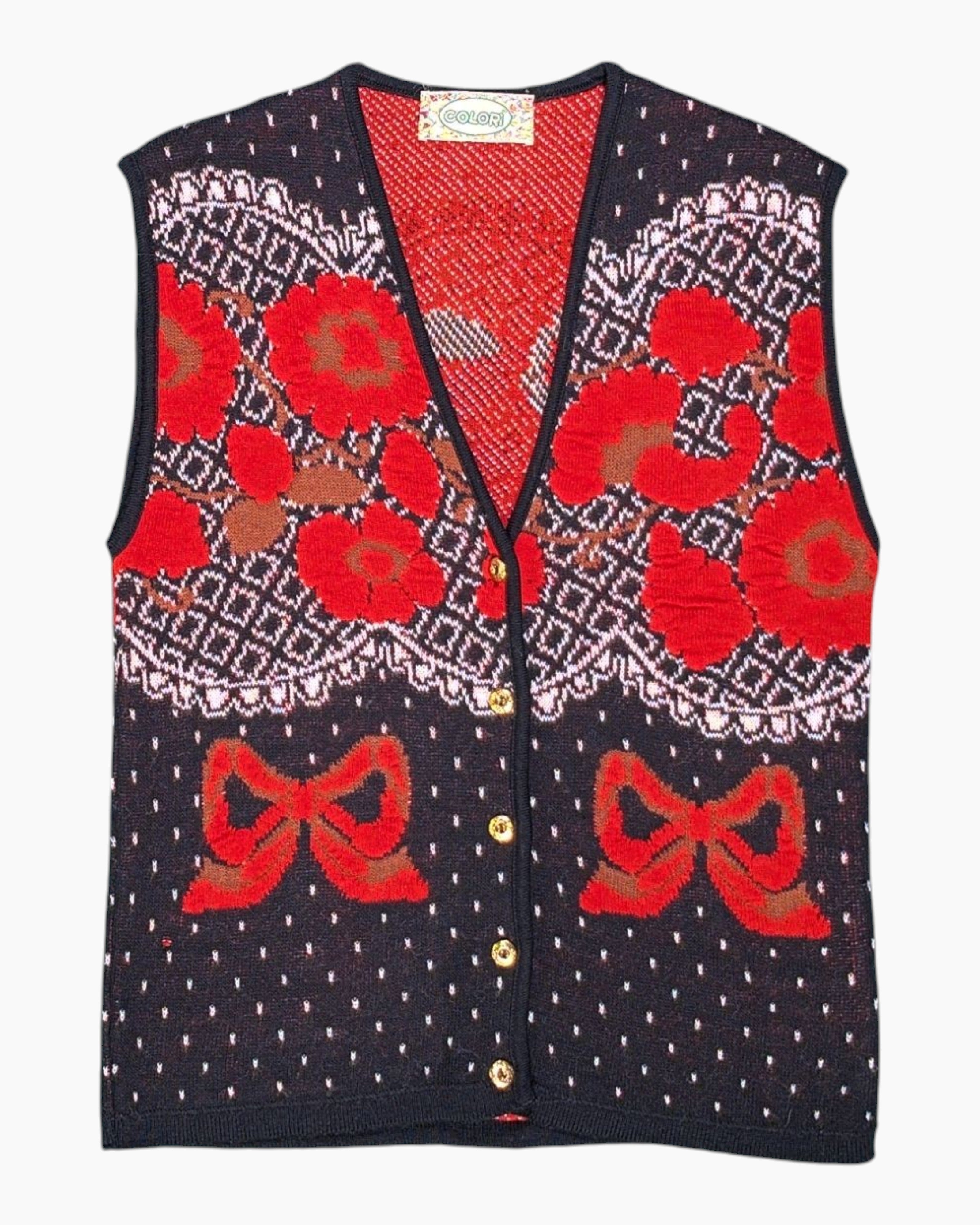 Front Vintage 80s/90s COLORI Button-Front Knit Vest – Black Floral Ladder Motif