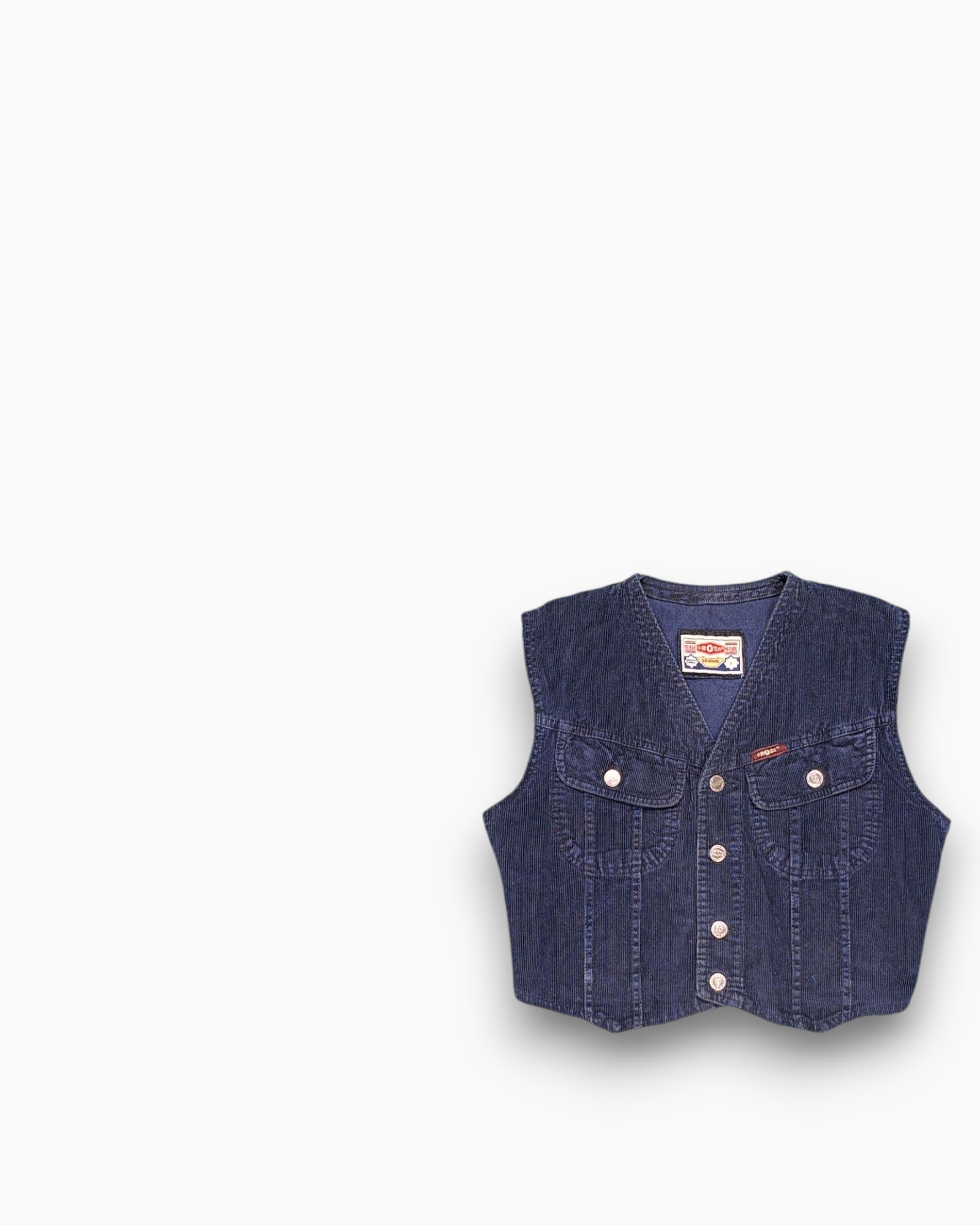 Front Vintage 80s/90s CROSS MARK Denim Vest – Stonewashed Indigo (Preloved)