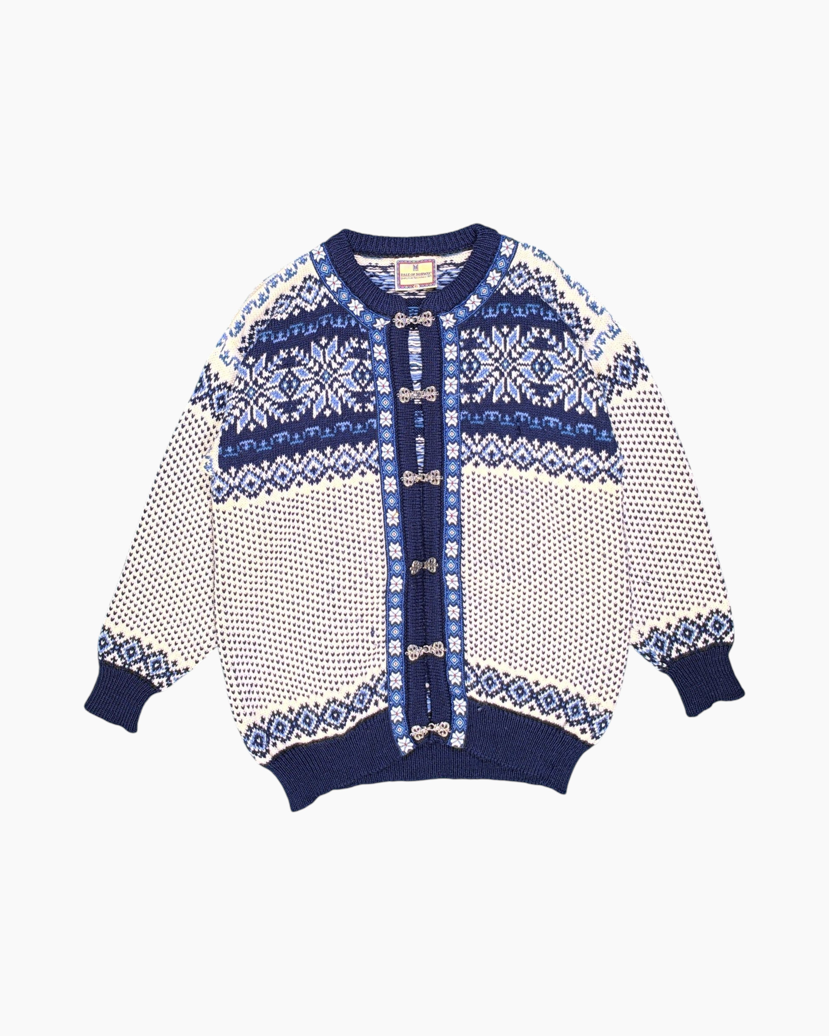 Front Vintage 80s/90s DALE OF NORWAY Cardigan (Nordic / Fair Isle knit) – Blue Nordic Pattern