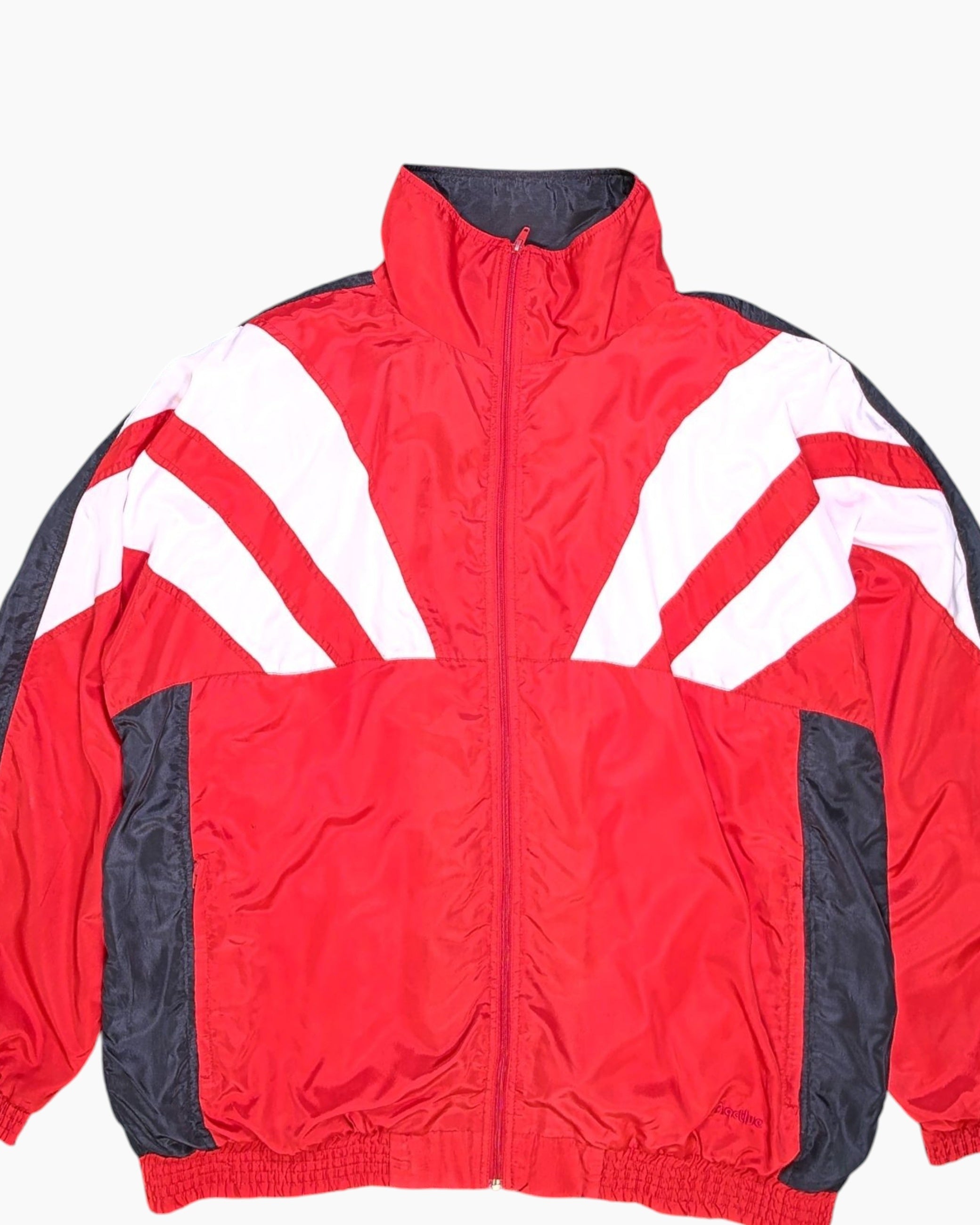 Front-detail-1 Vintage 80s/90s active® Swiss Design Windbreaker Jacket – Red Chevron Color‑block