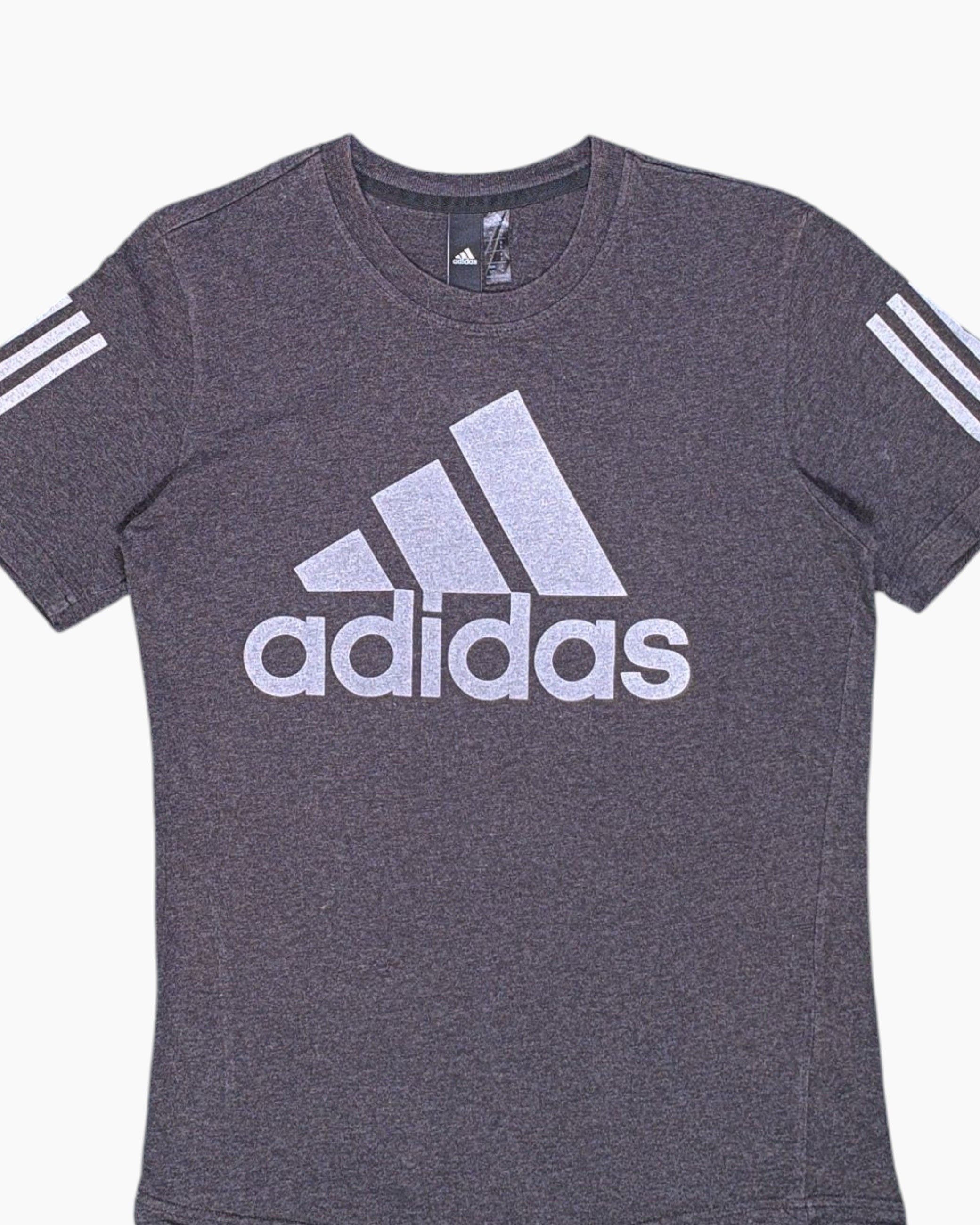 Front-detail-1 Pre-owned adidas Graphic T-Shirt – Gray with Three-Stripe Sleeve Detail
