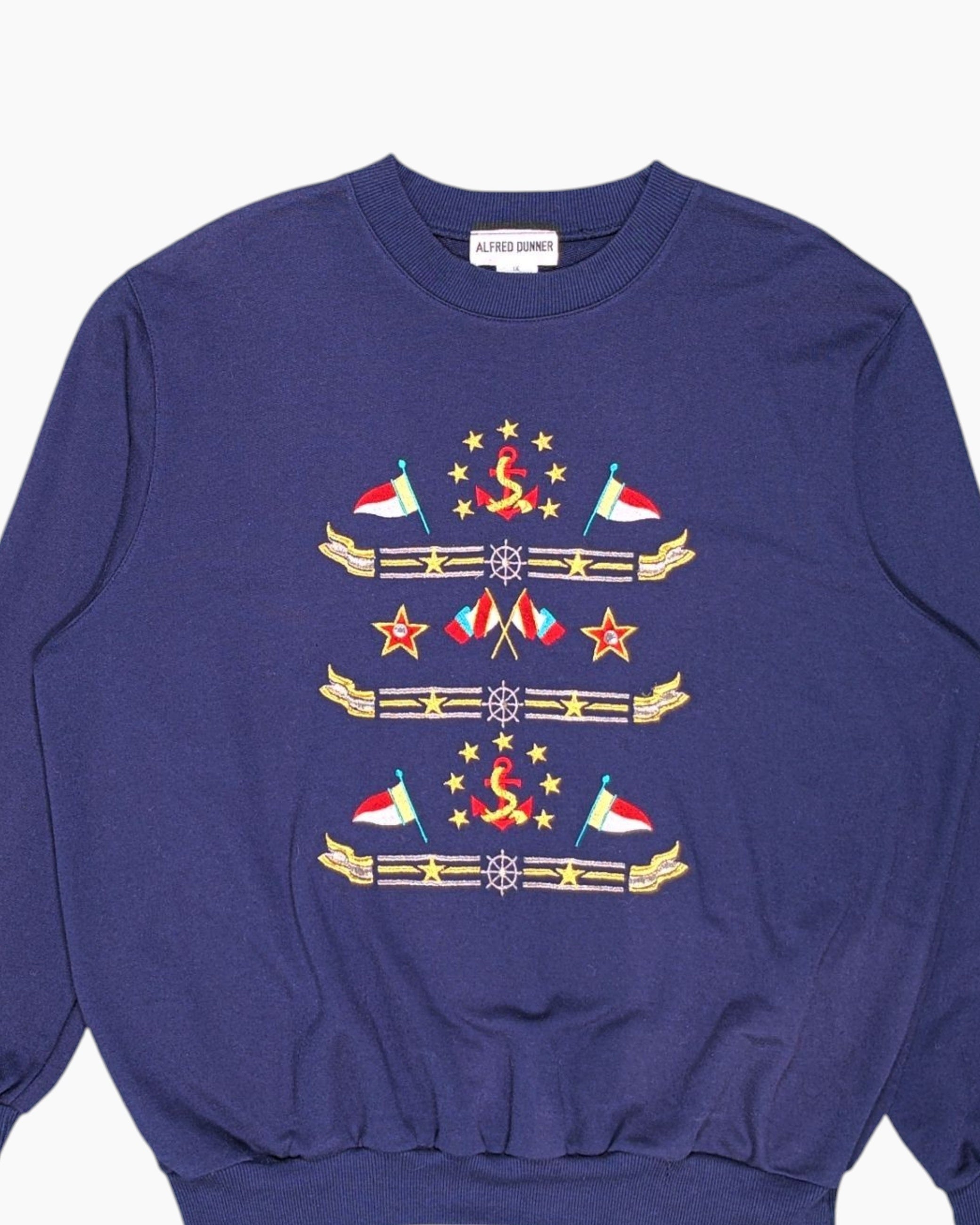 Front-detail-1 Vintage 80s/90s ALFRED DUNNER Pullover Sweater – Navy embroidered nautical