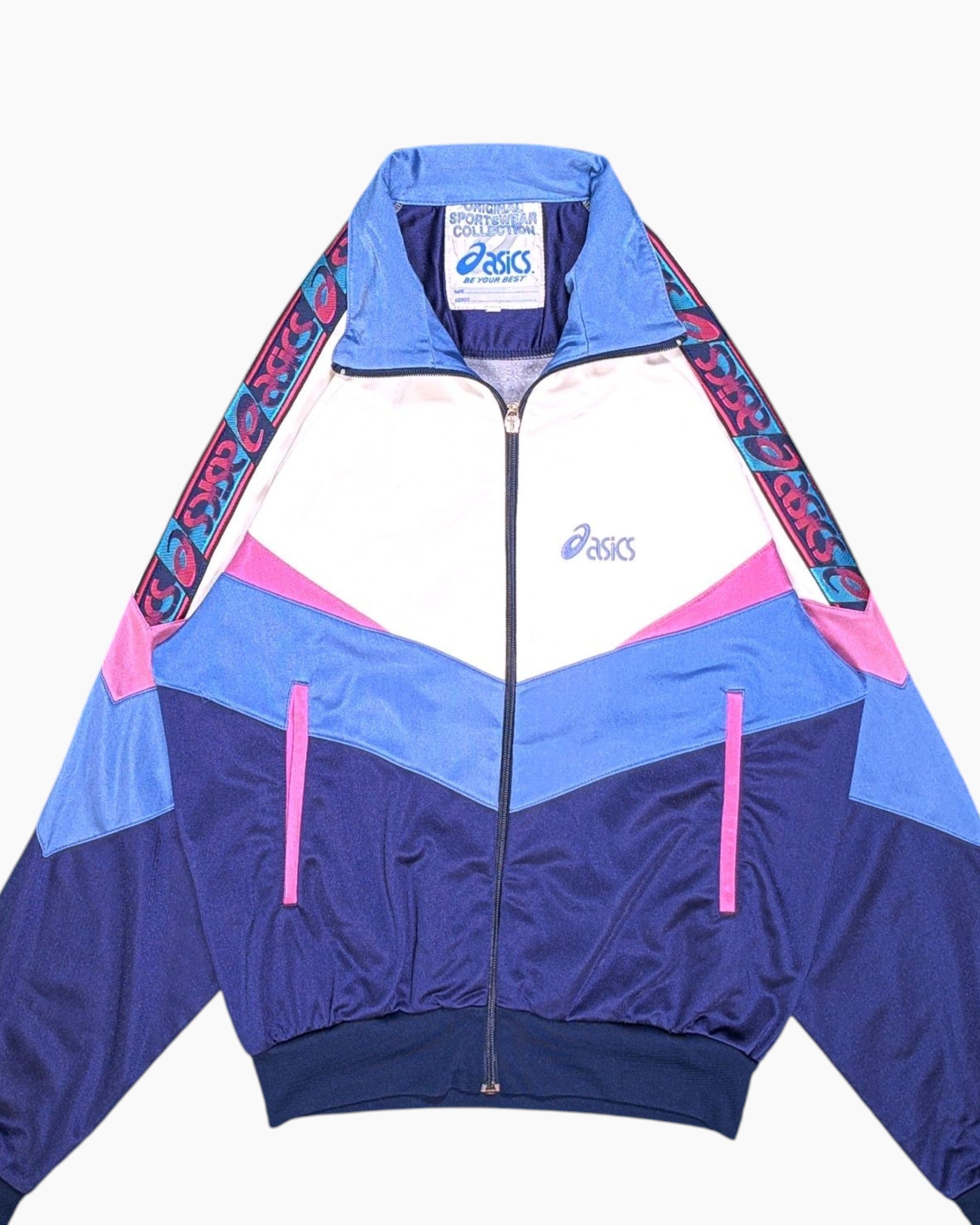 Front-detail-1 Vintage 80s/90s Asics Track Jacket – Navy Geometric Colorblock
