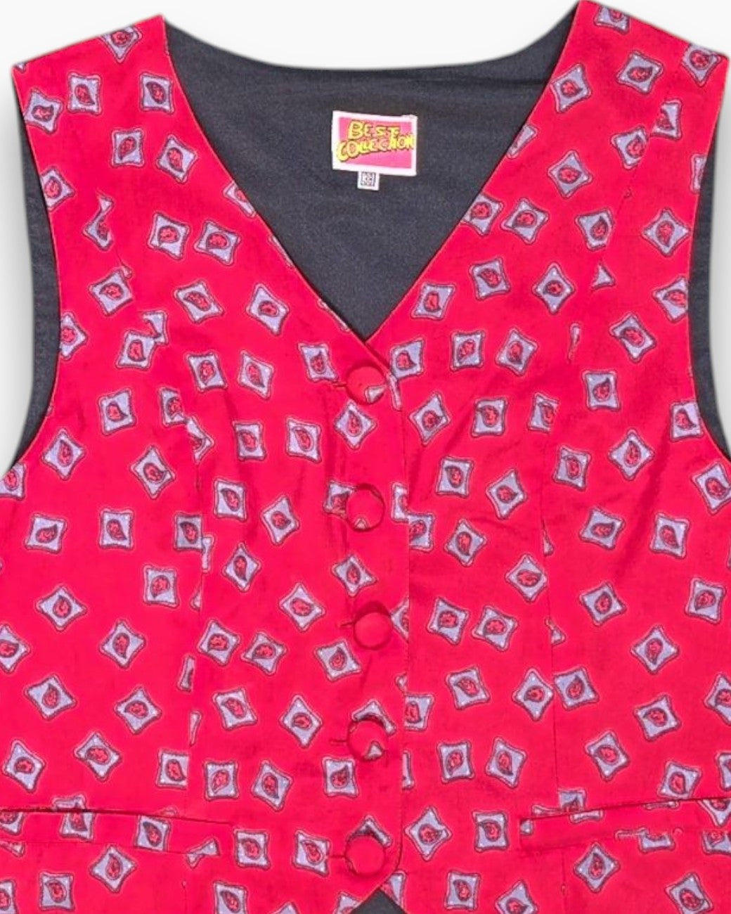 Front-detail-1 Vintage 80s/90s BEST COLLECTION Vest (sleeveless top) – Red Geometric Print