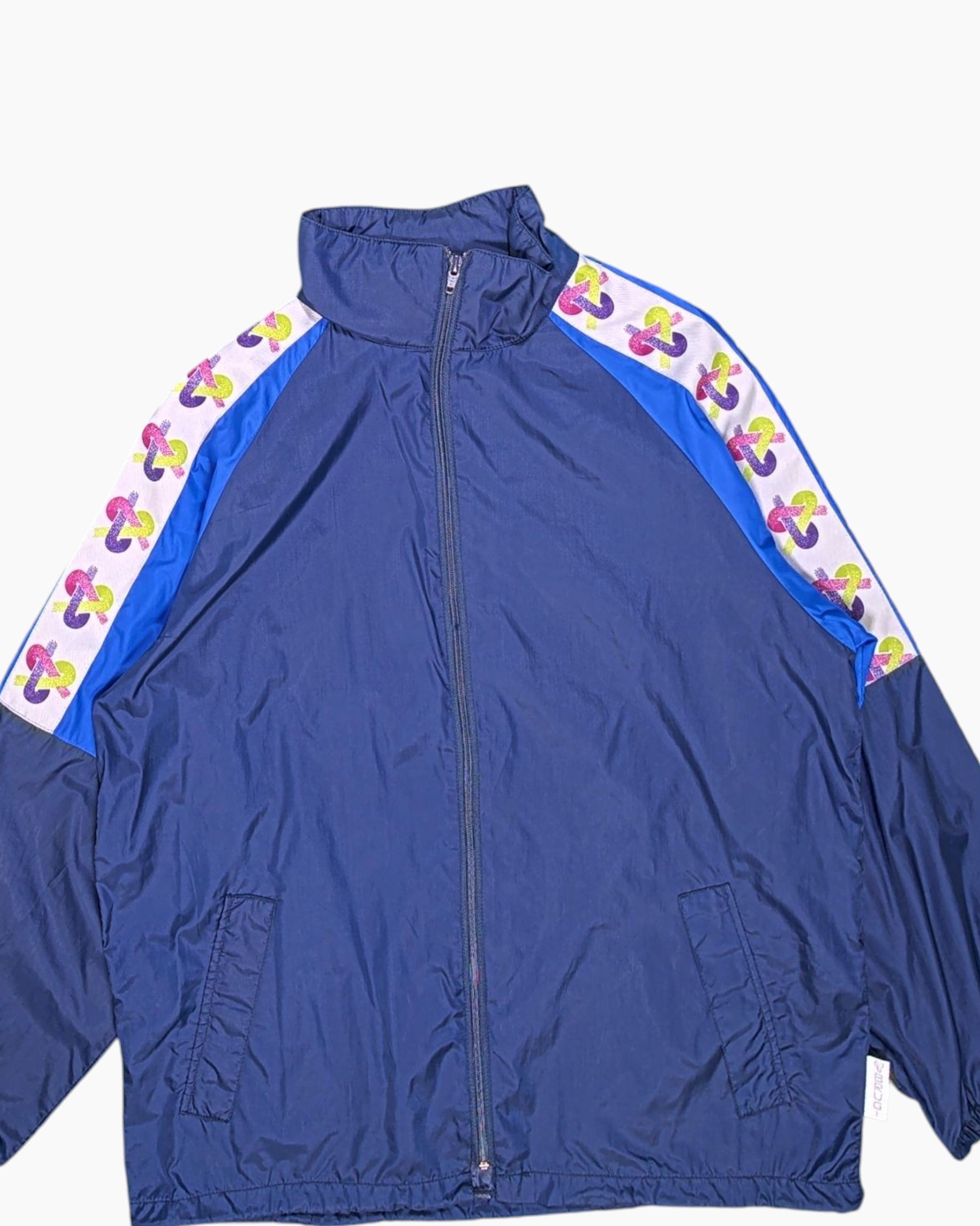 Front-detail-1 Vintage 80s/90s BRUGI Windbreaker Jacket – Navy Colorblock with Striped Tape