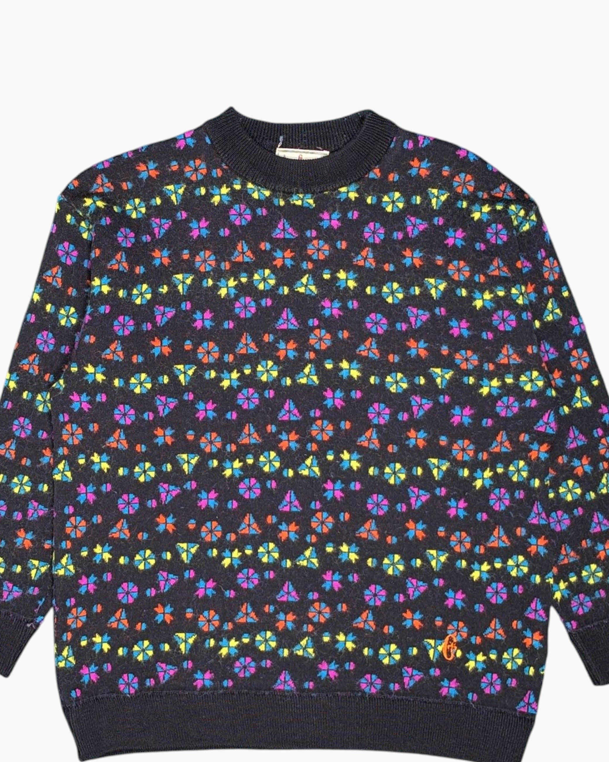 Front-detail-1 Vintage 80s/90s Carlo Colucci Pullover Sweater – Black Neon Geometric