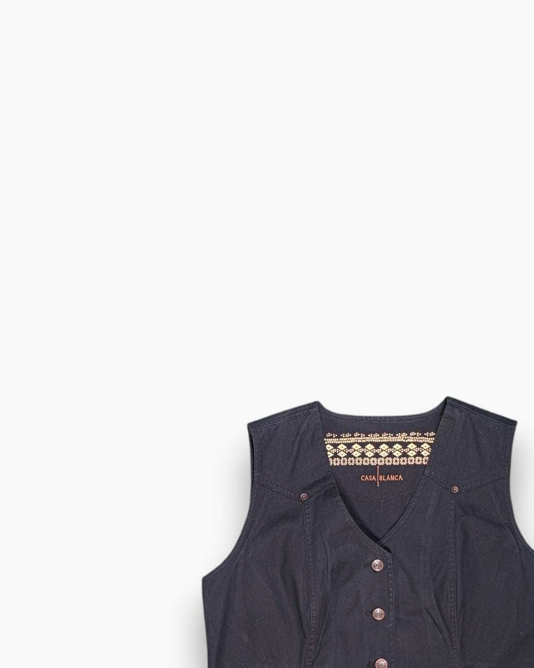 Front-detail-1 Pre-owned CASA BLANCA Button-front Vest – Black Embroidered Logo