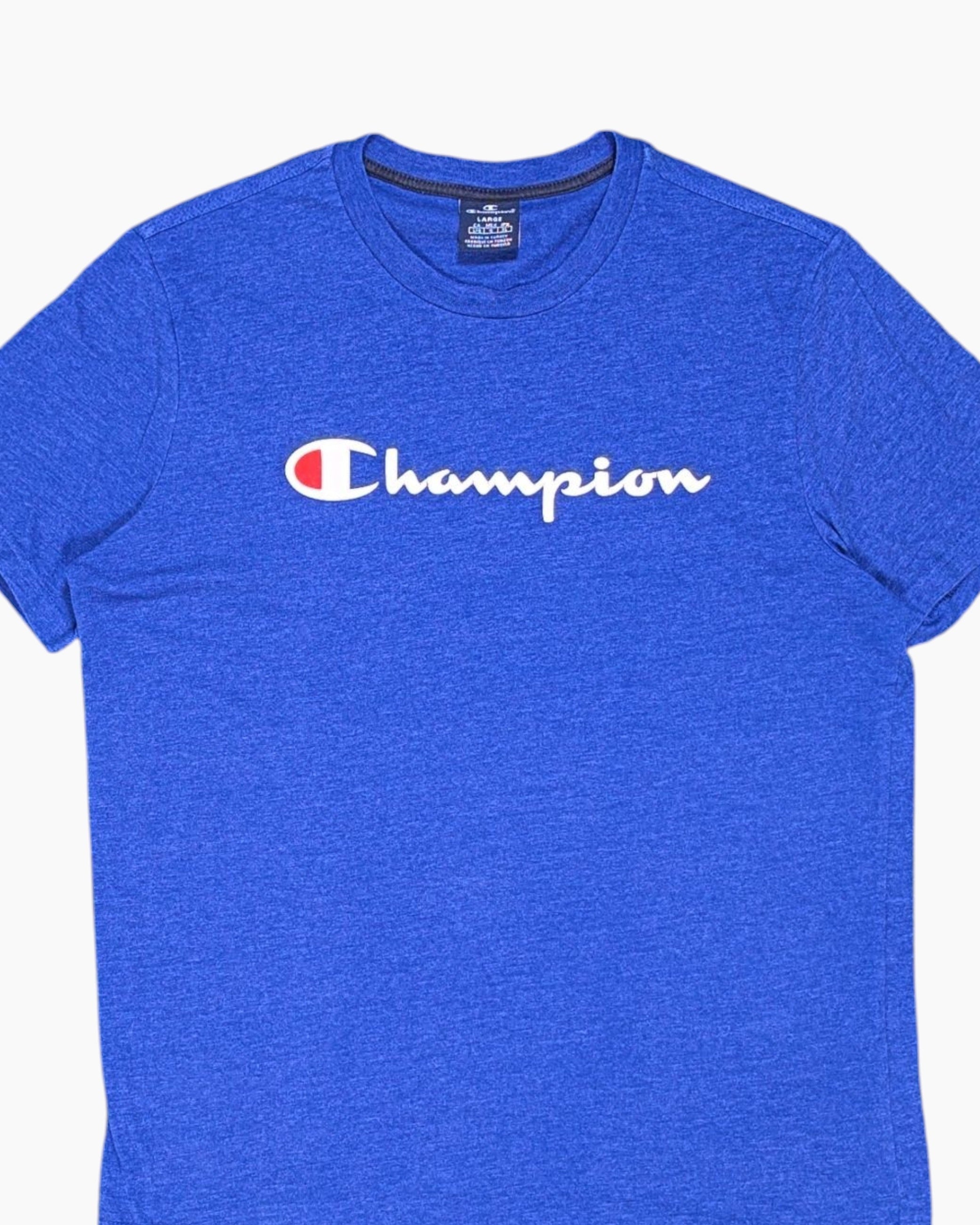 Front-detail-1 Pre-owned Champion Graphic T-Shirt – Blue Printed Logo