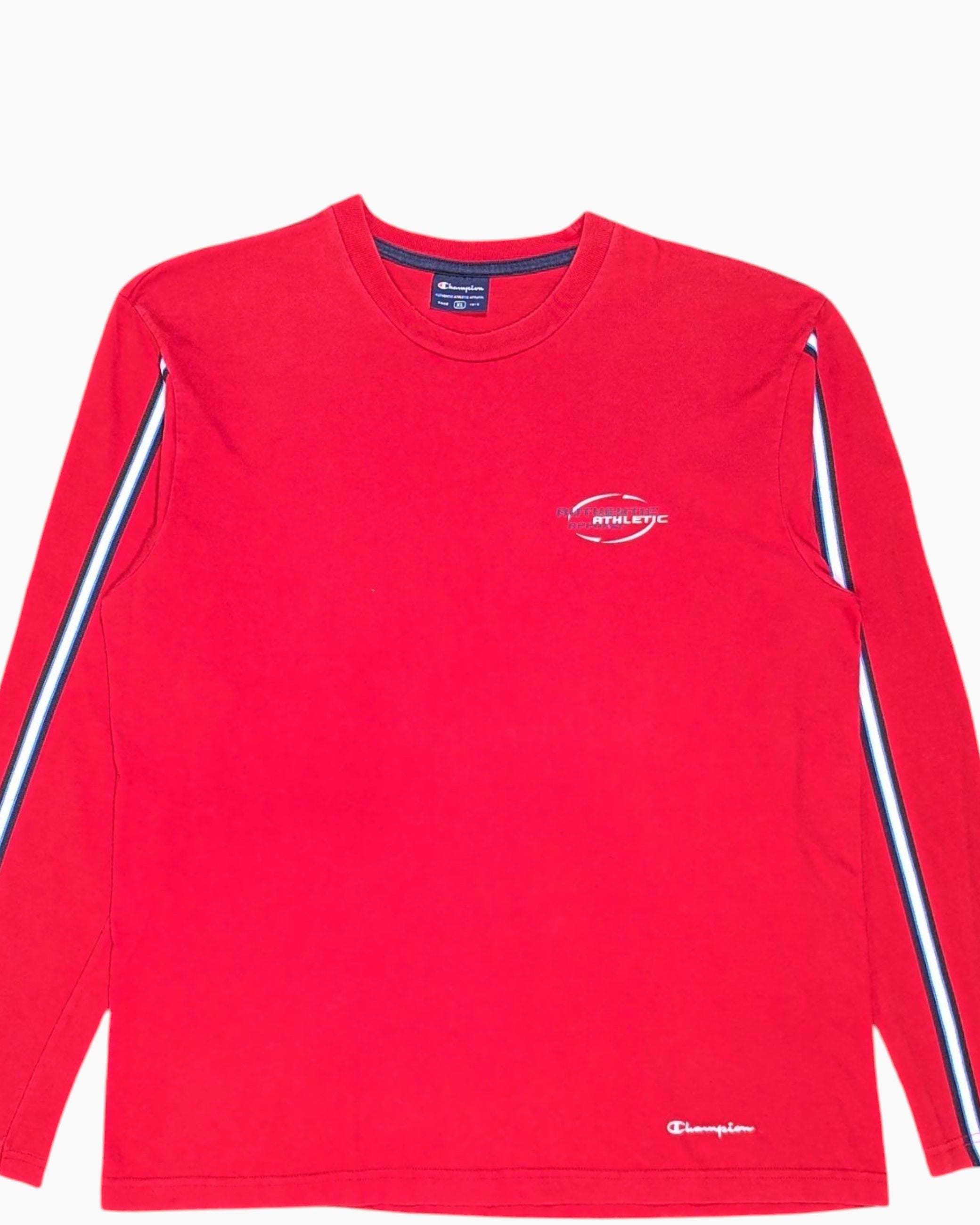 Front-detail-1 Vintage Y2K Champion Long Sleeve Crewneck Sweatshirt – Red Contrast Stripes