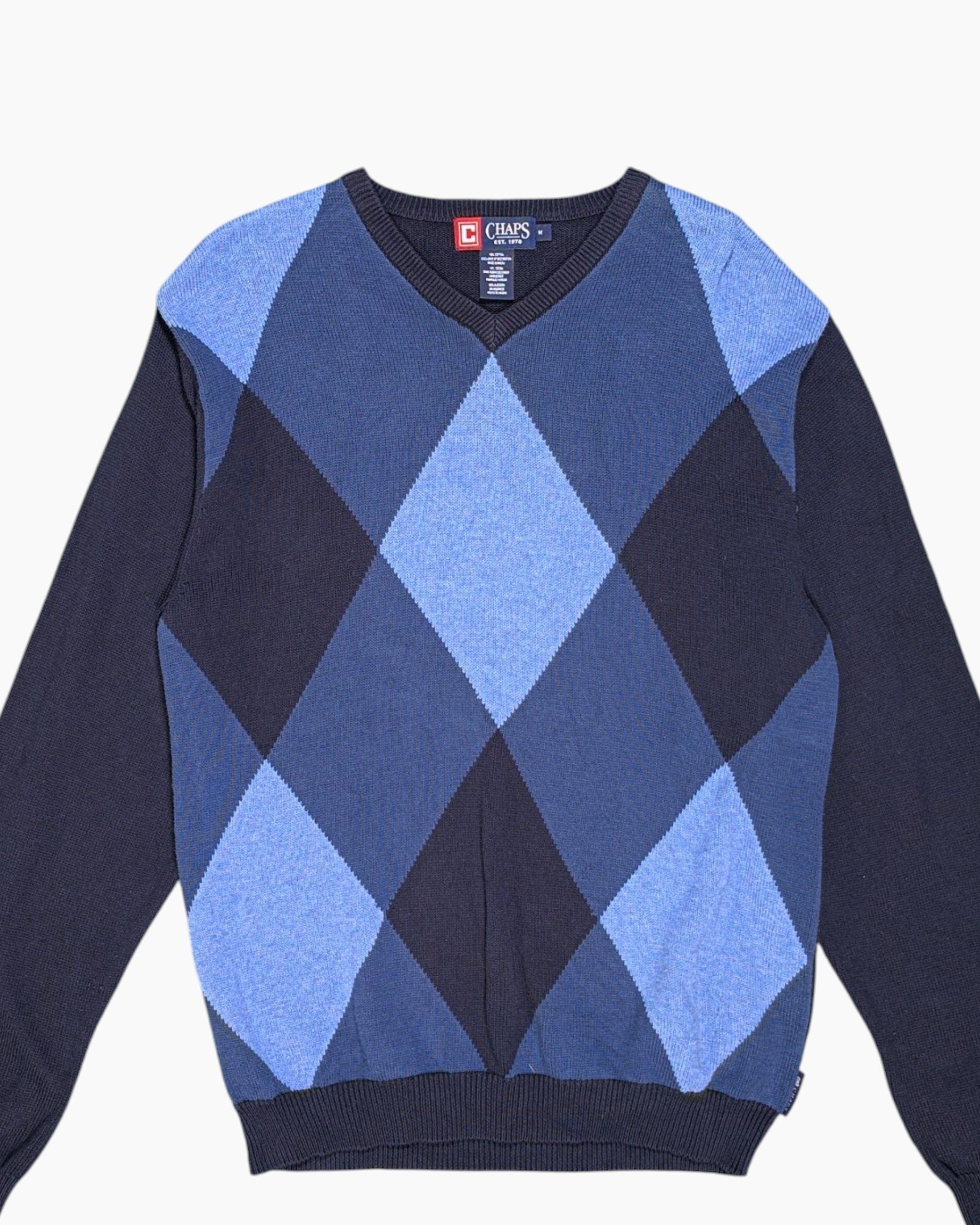 Front-detail-1 Vintage Y2K CHAPS Pullover Sweater – Blue Argyle Front